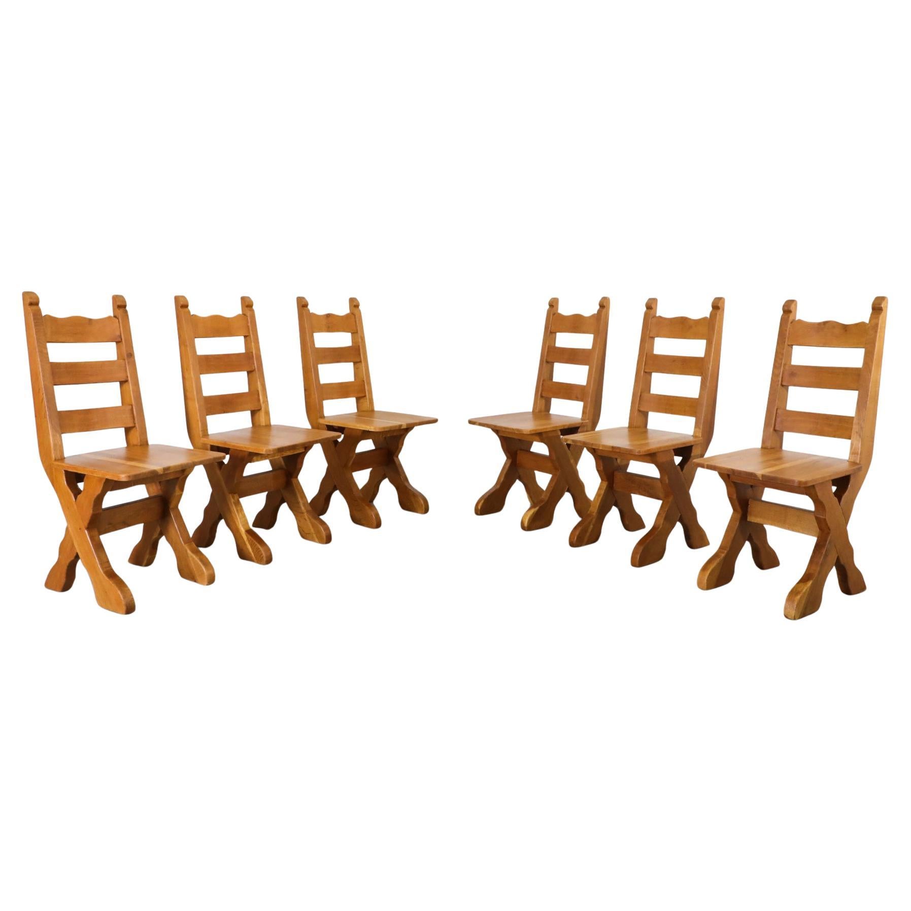 Set of 6 Belgian Brutalist Oak Dining Chairs with Decorative Detail by De Puydt