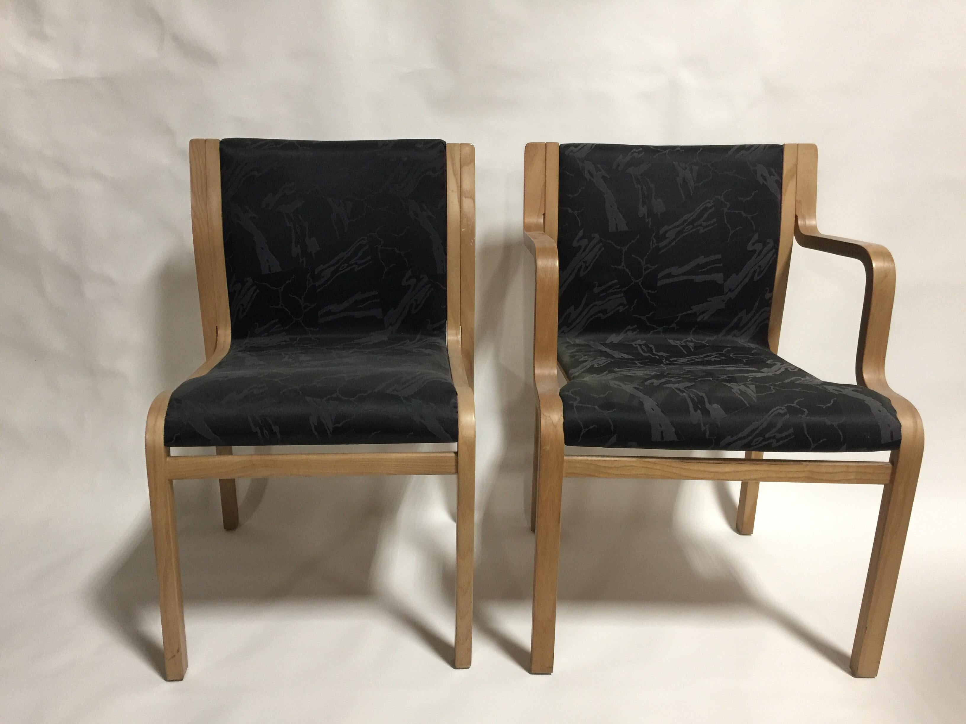A set of six (6) of bentwood dining or conference room chairs in a black jacquard fabric. Designed by Bill Stephen for Knoll in the 1970s. Made in the USA. Unsigned, but widely documented.

Includes 2 armchairs and 4 side chairs.

Original