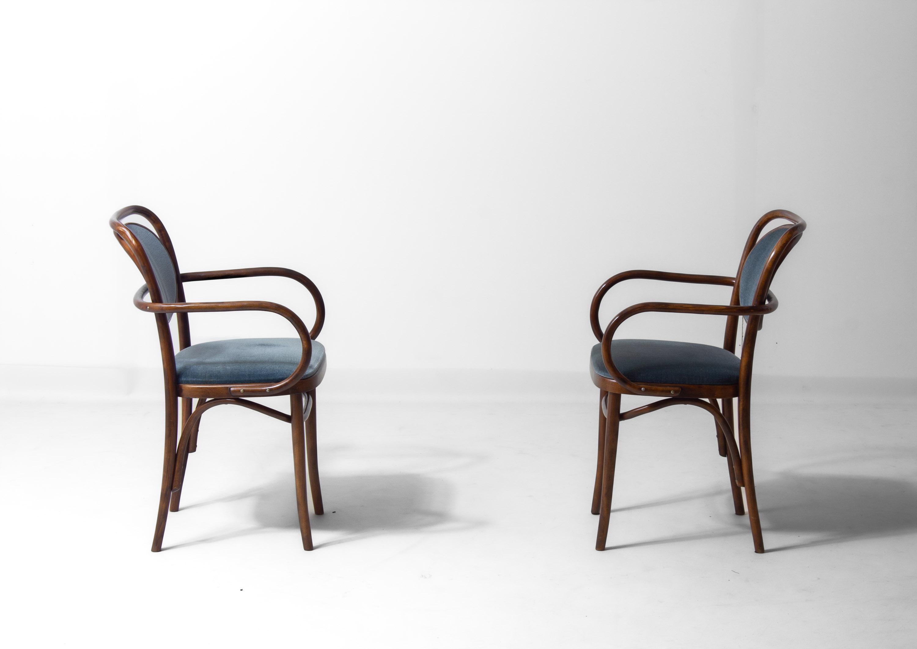 Legno curvato Set di 6 sedie in legno curvato con velluto blu di Josef Hoffman per Thonet, anni '60 in vendita