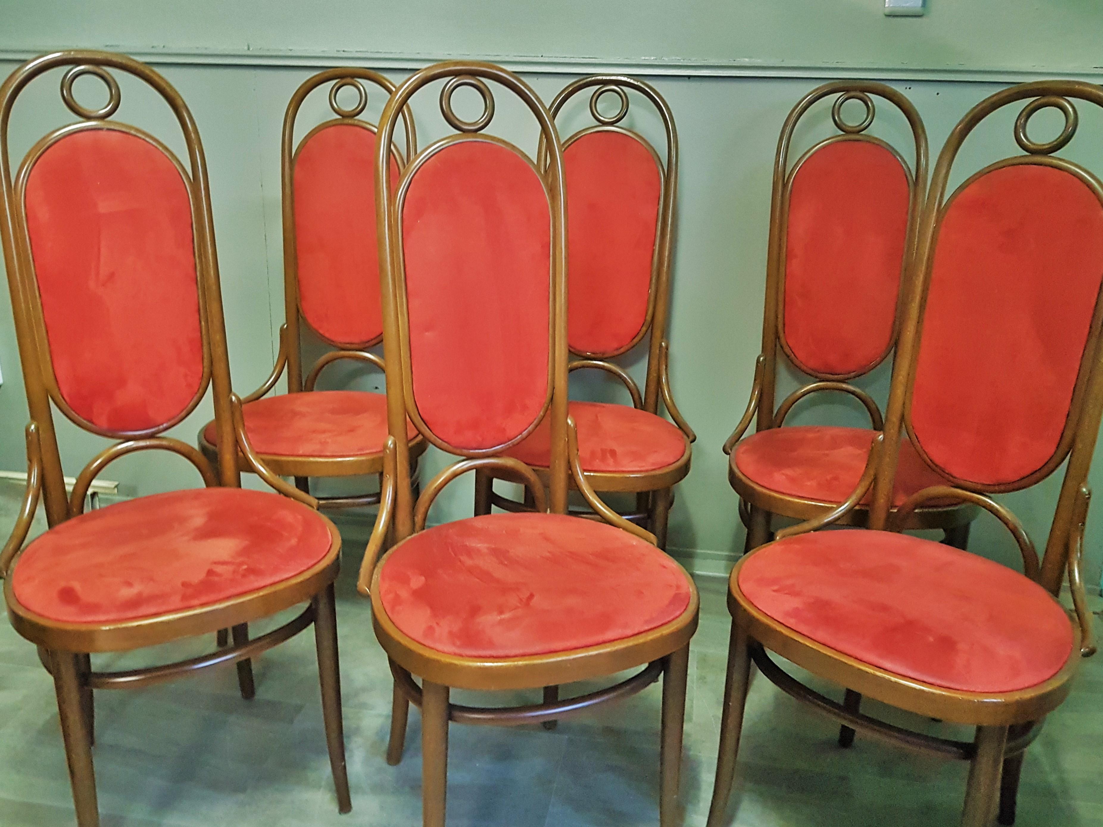 Arts and Crafts Lot de 6 chaises de salle à manger à dossier cintré en bois courbé de Thonet, Allemagne