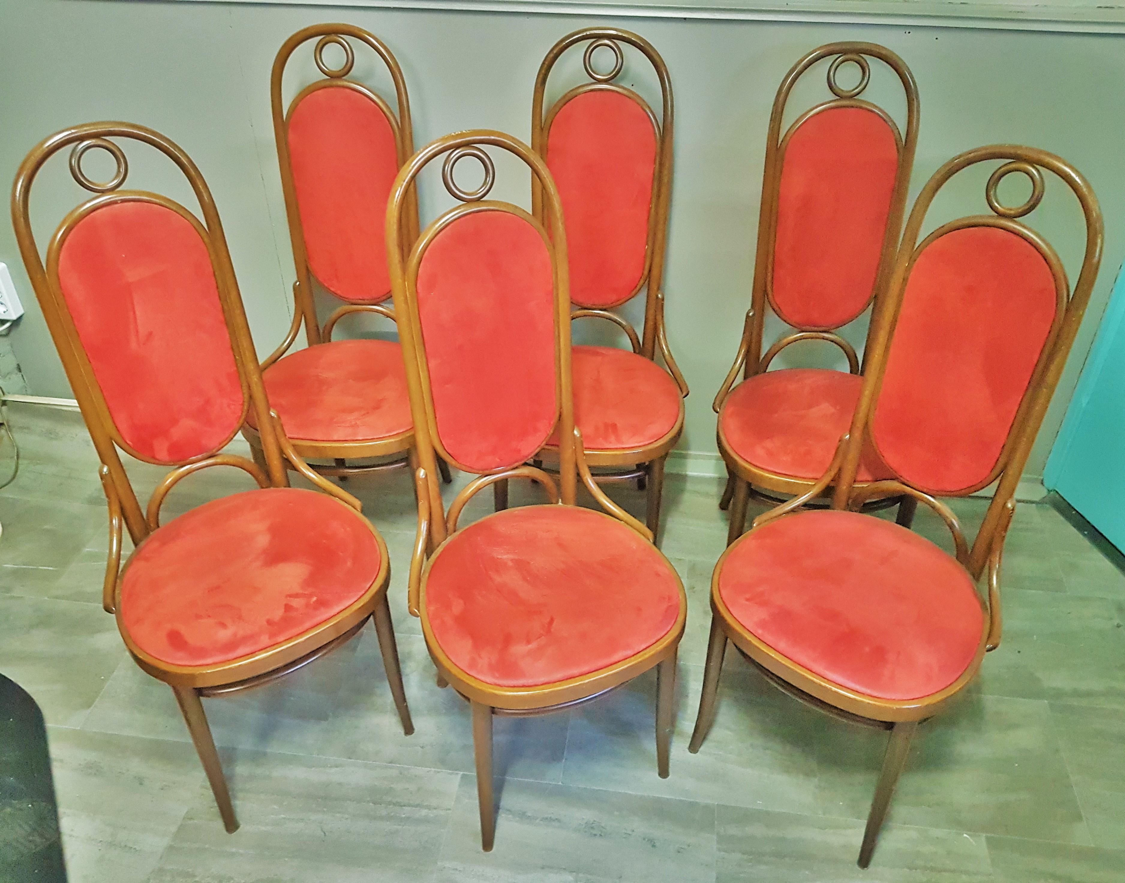 Allemand Lot de 6 chaises de salle à manger à dossier cintré en bois courbé de Thonet, Allemagne