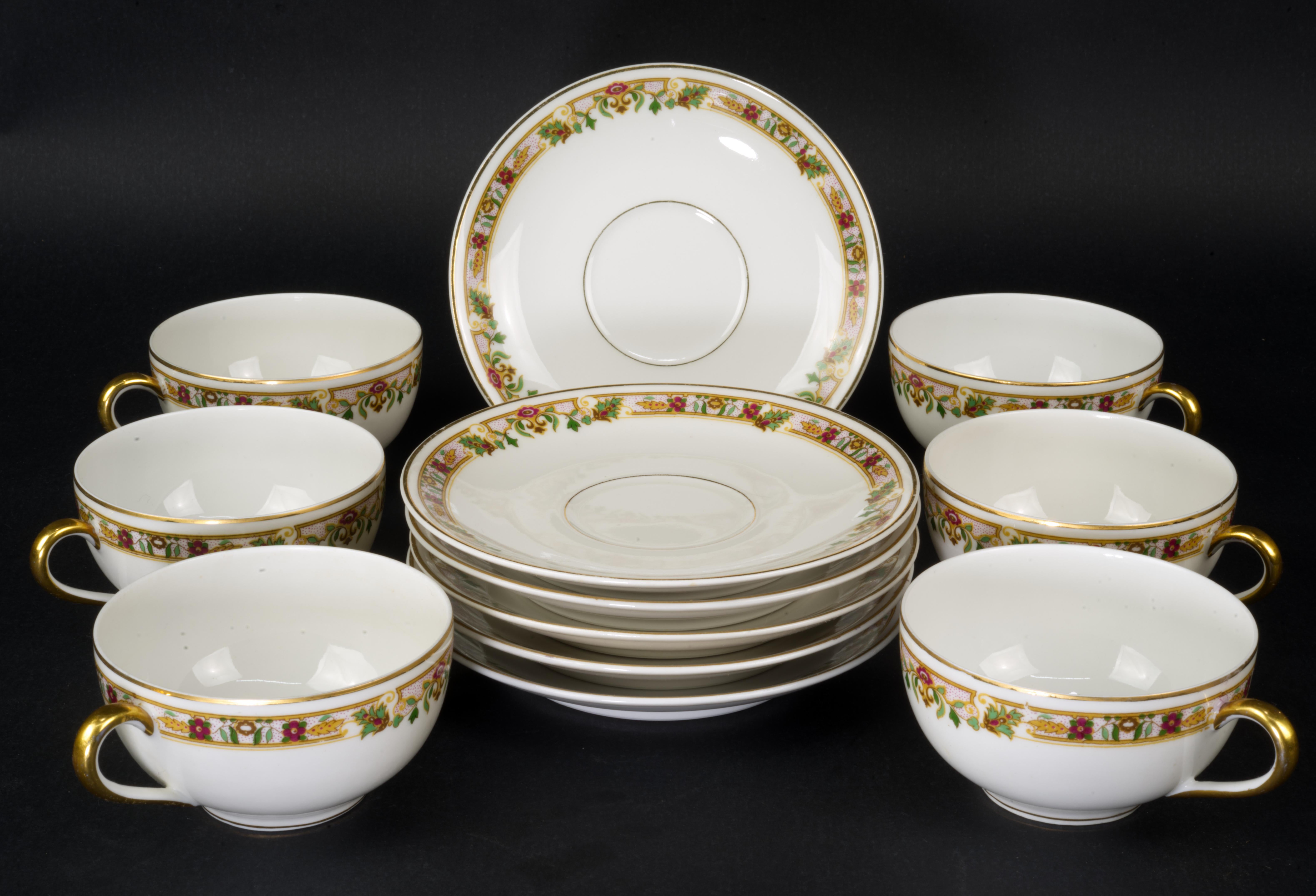 Juego de 6 tazas y platillos Bernardaud Limoges Art Déco Francia 1900-1929 Art Decó en venta