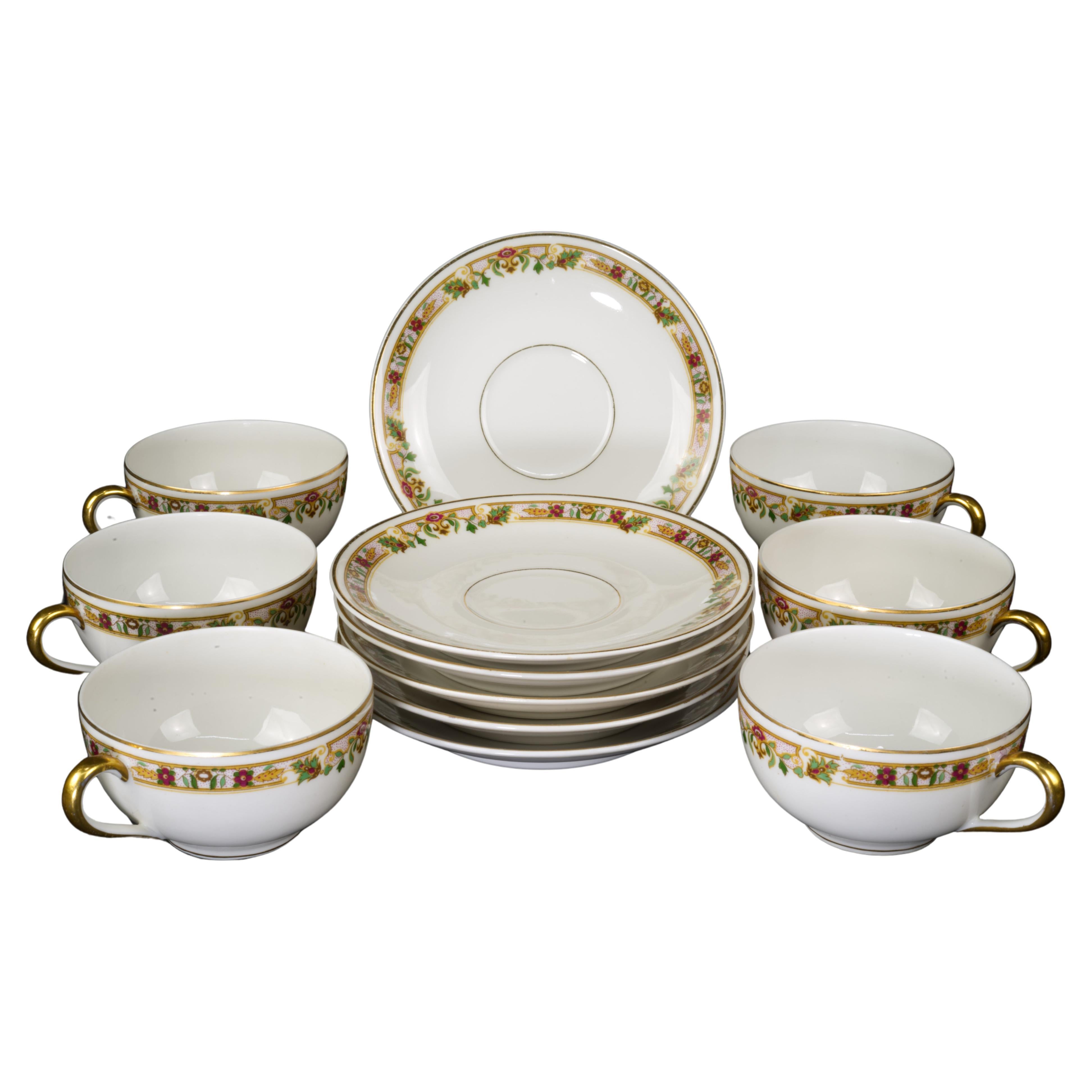 Ensemble de 6 tasses et soucoupes Bernardaud Limoges Art Déco France 1900-1929