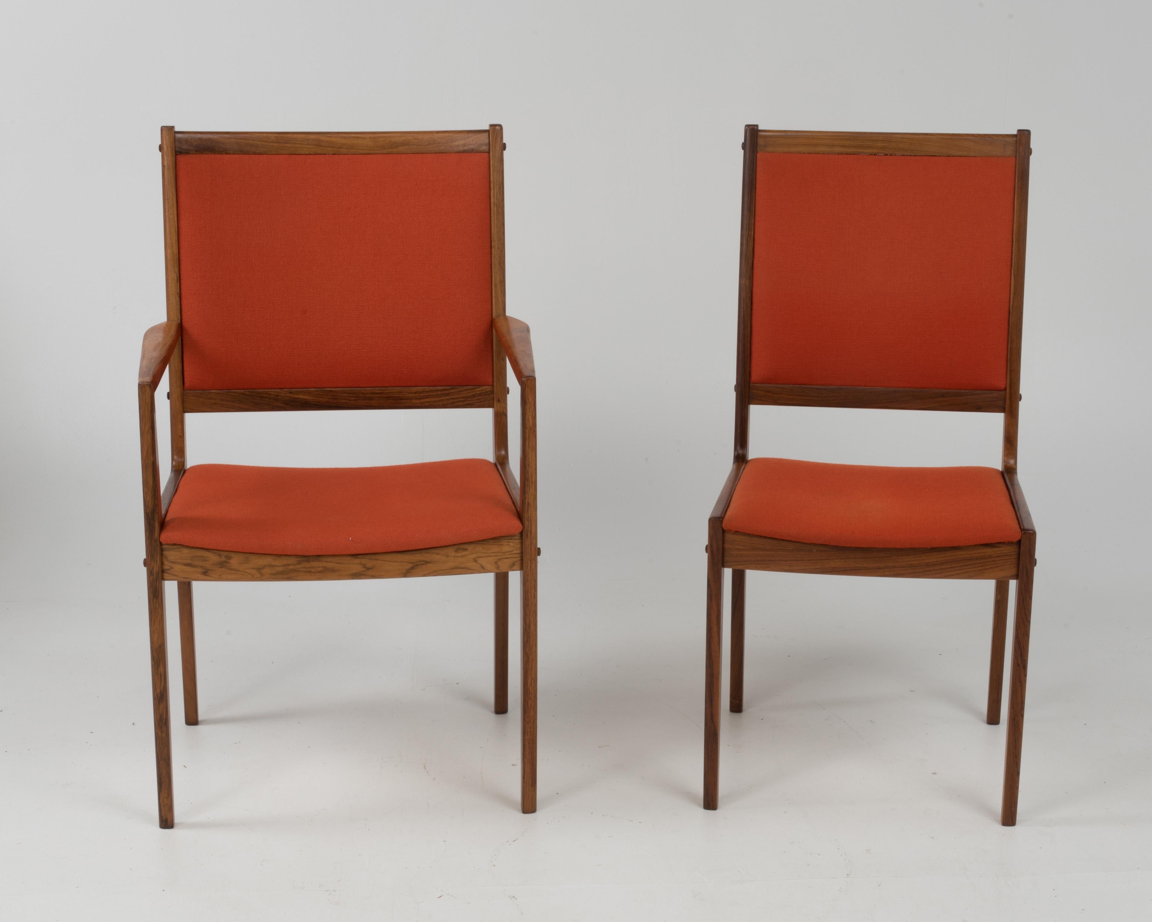 Nice clean set of 1970s era rosewood dining chairs by Bernhard Pedersen & Son upholstered in the original orange fabric. Marked 