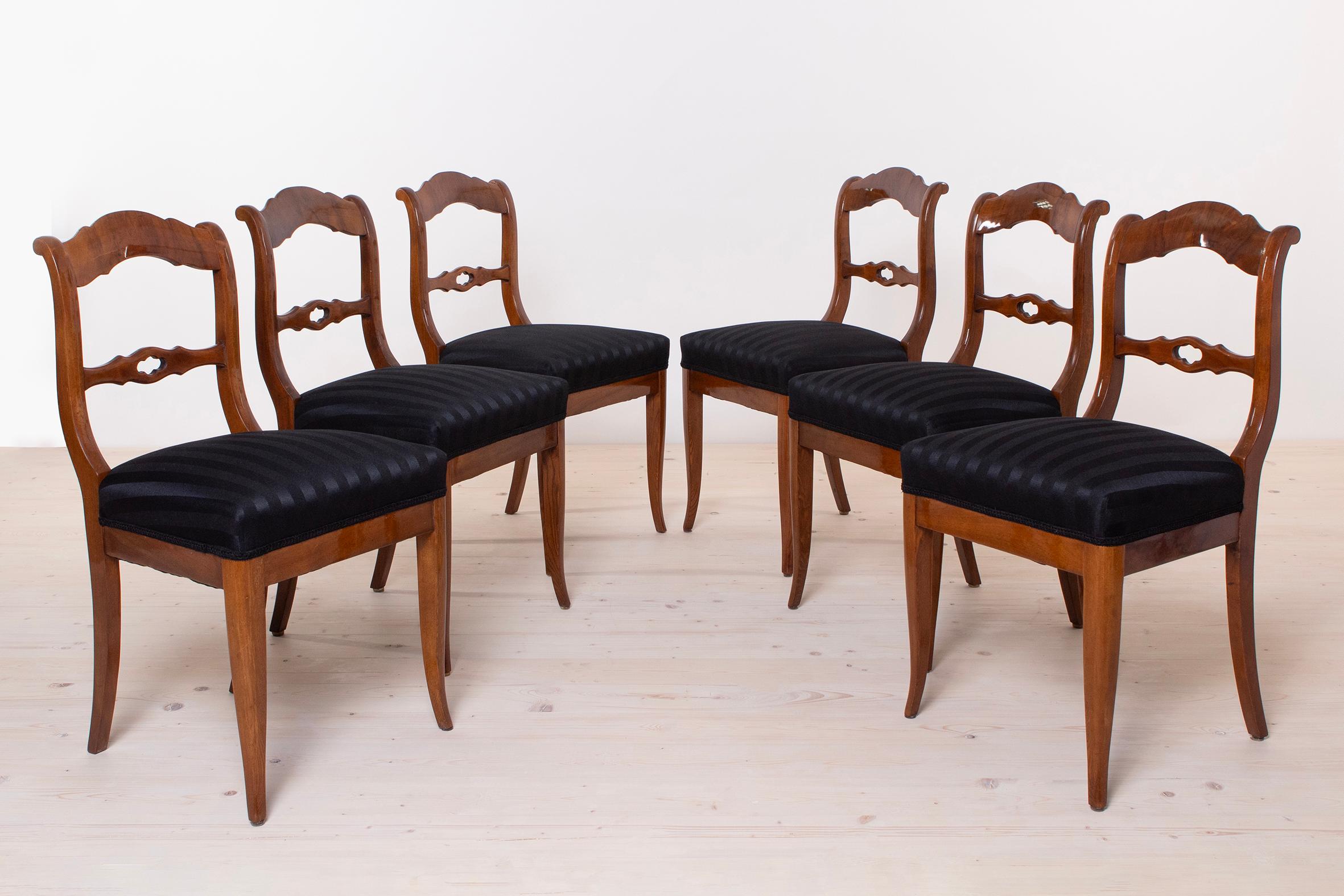 Polished Set of 6 Biedermeier Elegant Black Chairs, Germany, 19th Century, Fully Restored For Sale