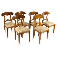 Antique Set Of 6 Biedermeier Nutwood Shovel Dining Chairs, 19th Century, AT ca. 1830