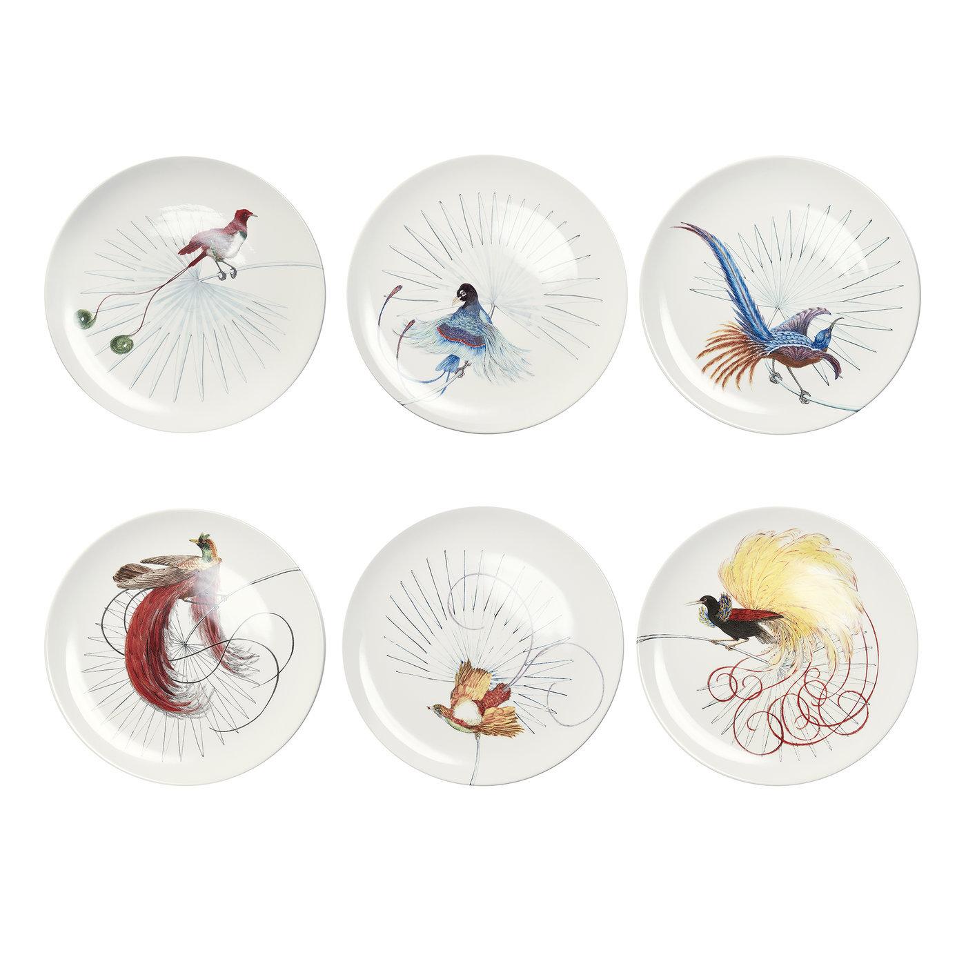 Set of 6 Birds of Paradise white dinner plates by Laboratorio Paravicini In New Condition For Sale In Milan, IT