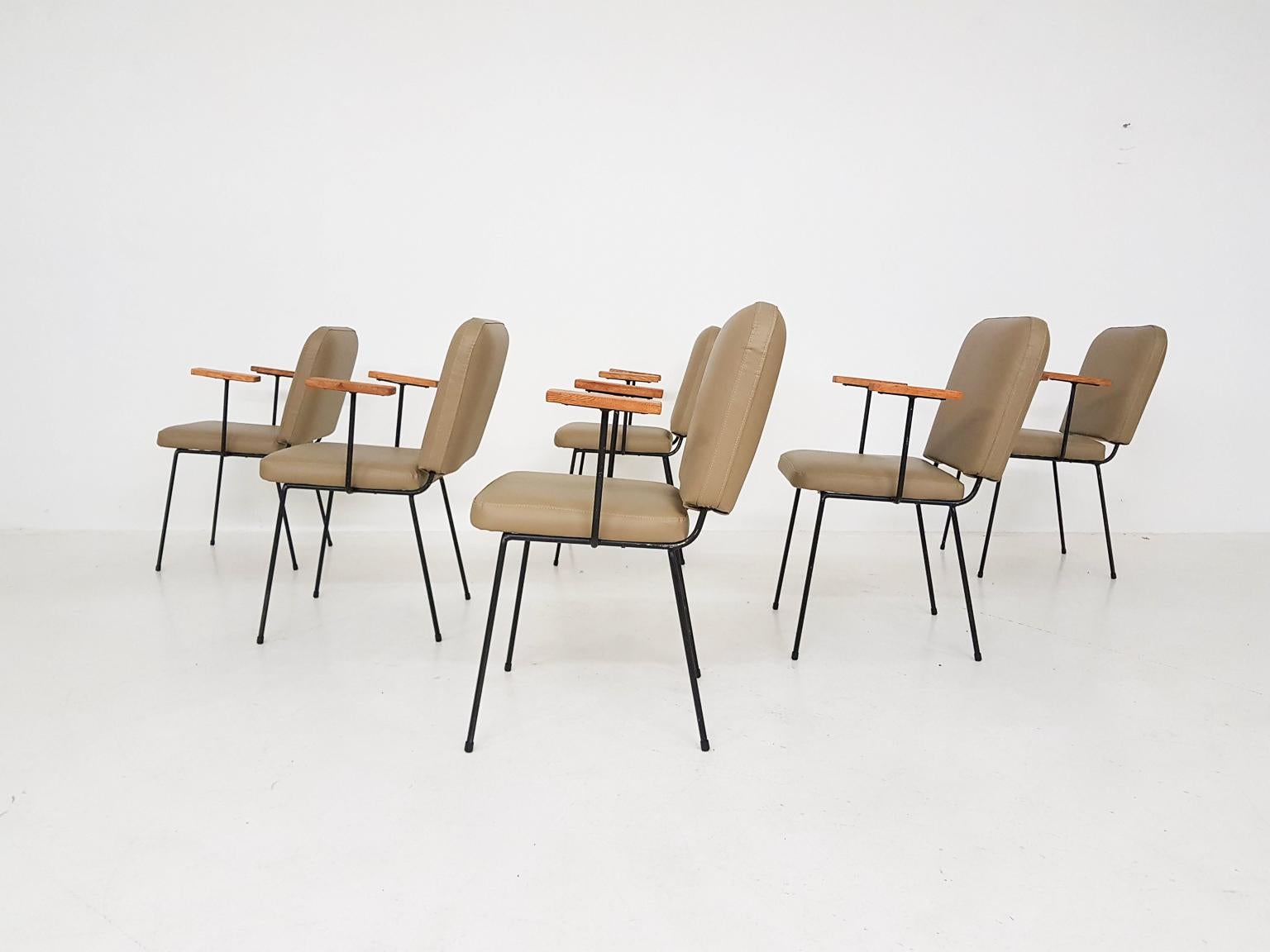 Mid-Century Modern Set of 6 Bistro or Dining Chairs in Beige Leatherette, Europe, 1960s