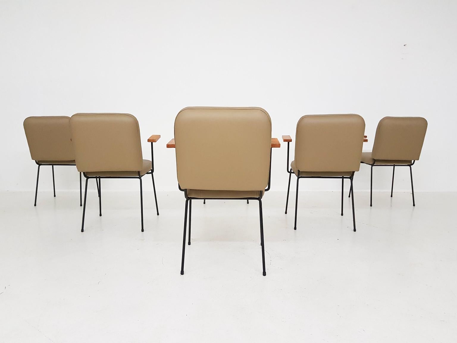Dutch Set of 6 Bistro or Dining Chairs in Beige Leatherette, Europe, 1960s