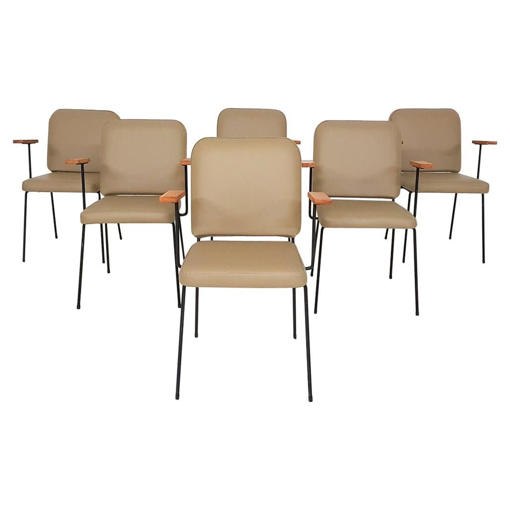 Set of 6 Bistro or Dining Chairs in Beige Leatherette, Europe, 1960s