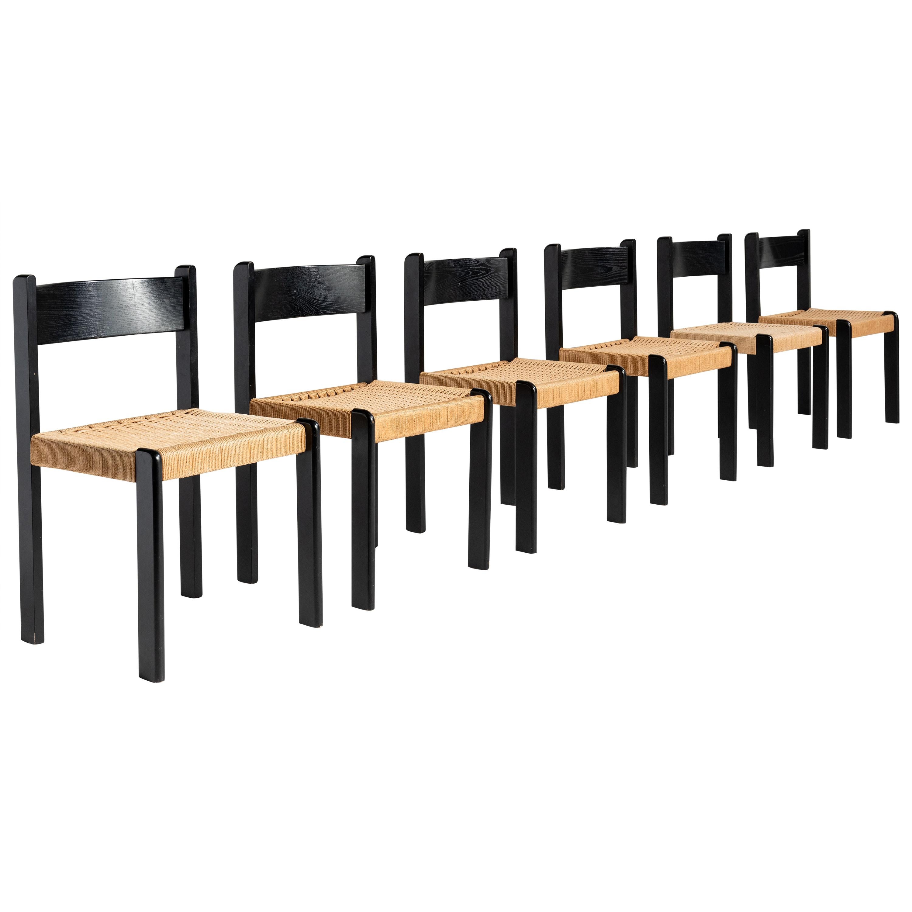 Set of '6' Black Beech and Cord Dining Chairs