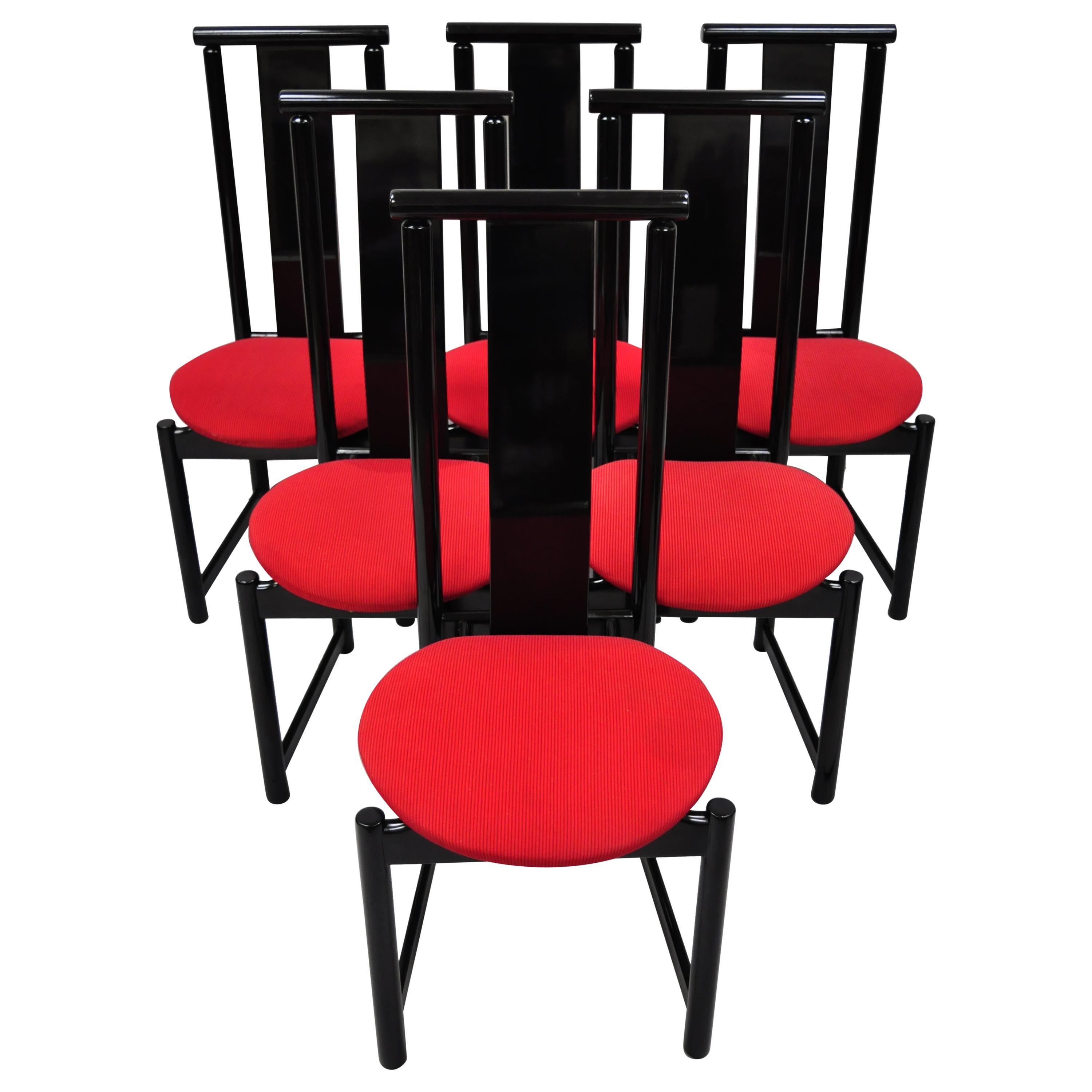 Set of 6 Black Lacquer Post Modern Memphis Style Dining Chairs Red Seat