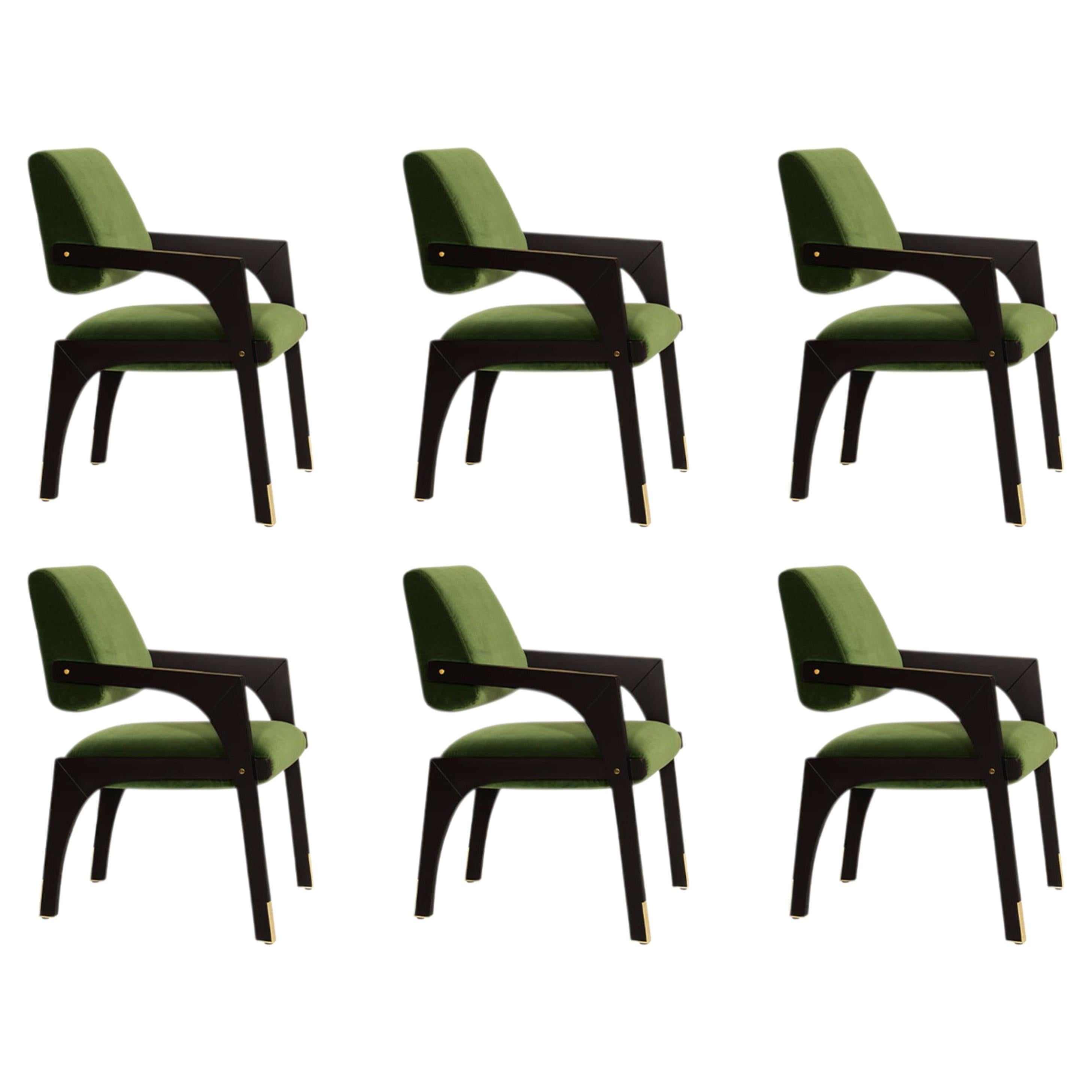 Juego de 6 sillas de comedor Arches de haya lacada en negro y terciopelo verde by InsidherLand
