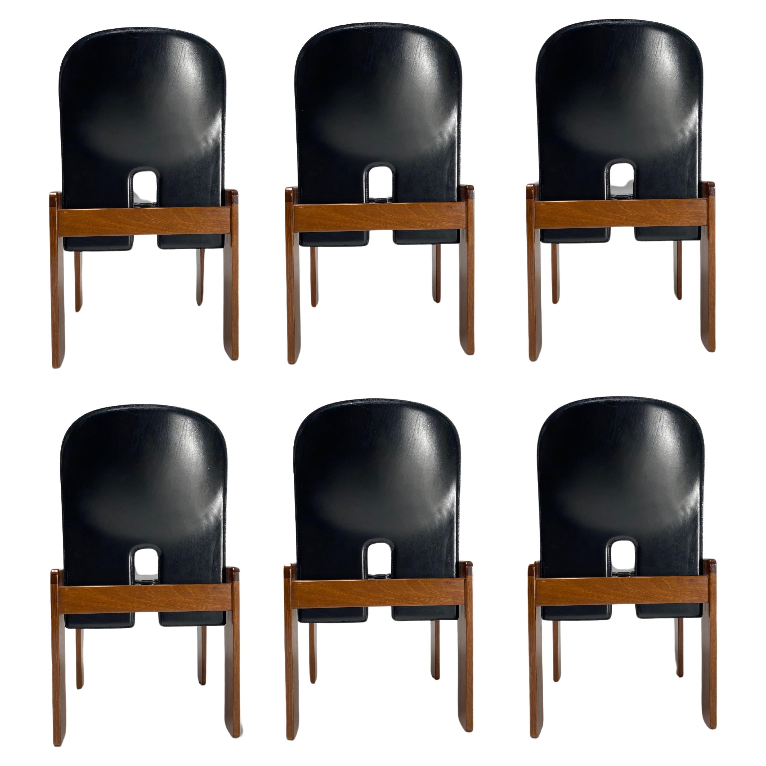 Set of 6 Black Leather "121" Chairs by Tobia Scarpa for Cassina, Italy, 1967 For Sale