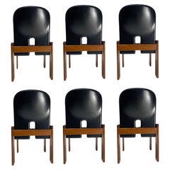 Retro Set of 6 Black Leather "121" Chairs by Tobia Scarpa for Cassina, Italy, 1967