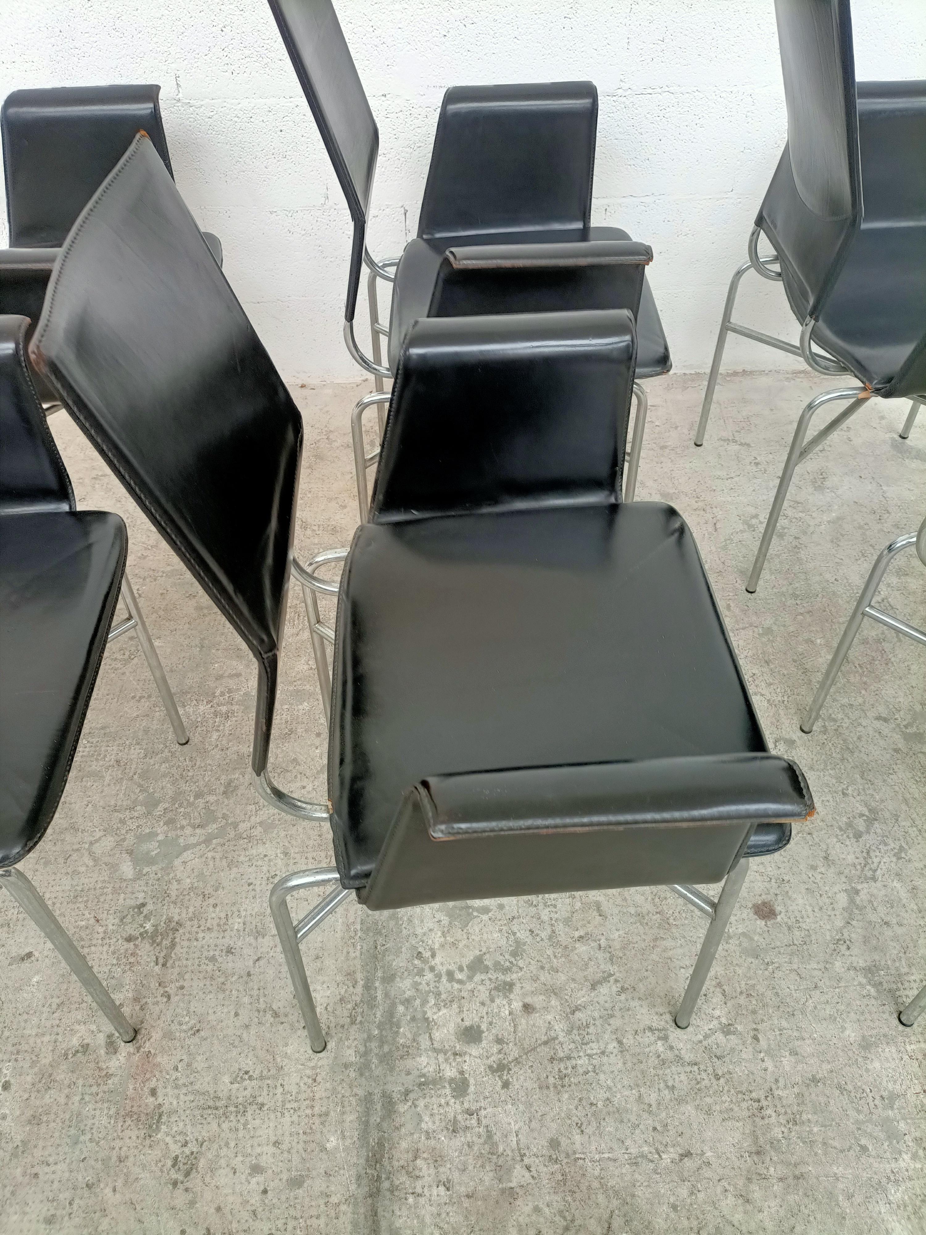 Set of 6 Black Leather and Steel Armchairs by Ross Littell for Matteo Grassi 80s 5