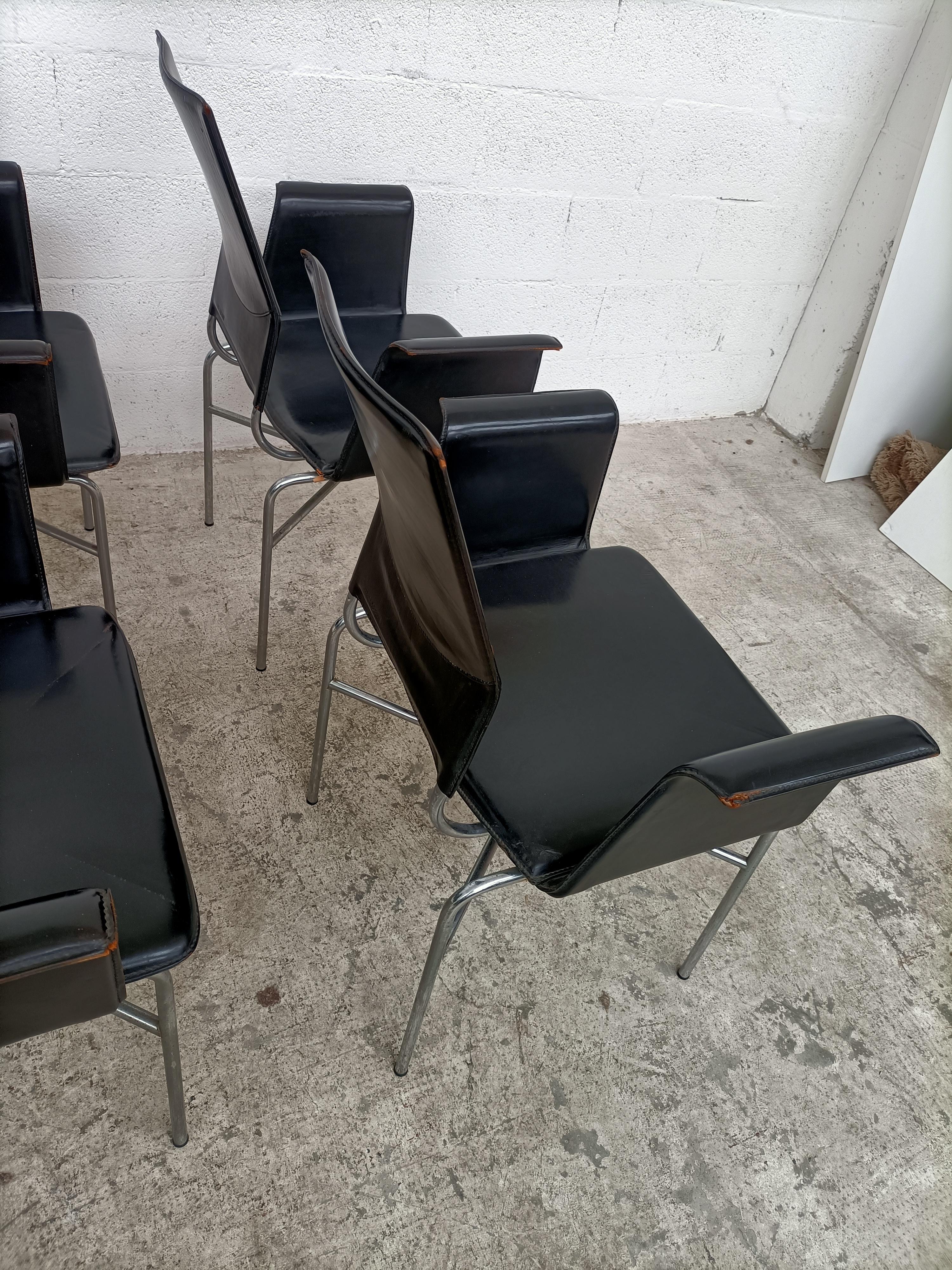 Set of 6 Black Leather and Steel Armchairs by Ross Littell for Matteo Grassi 80s 6