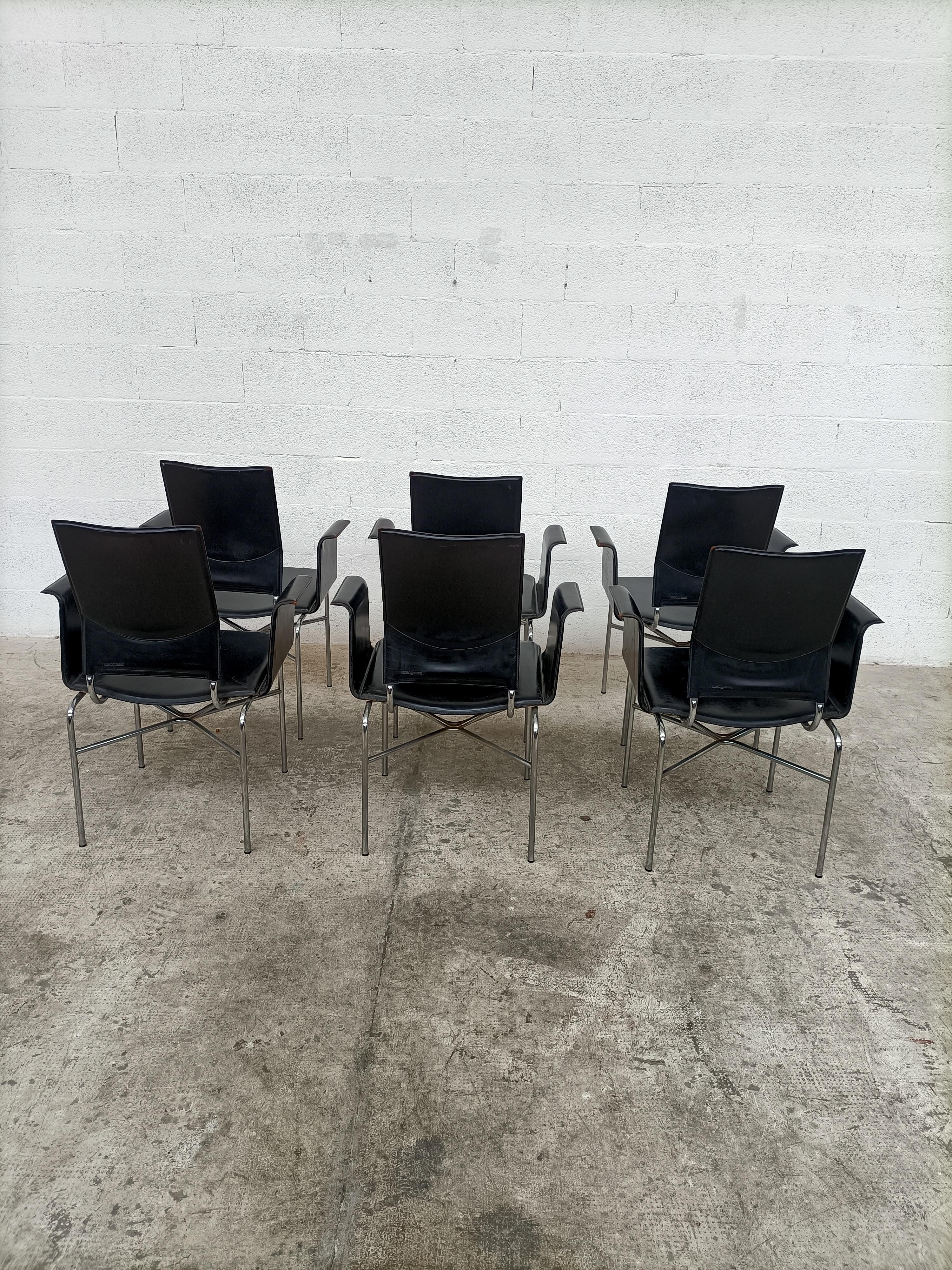 Set of 6 Black Leather and Steel Armchairs by Ross Littell for Matteo Grassi 80s 7