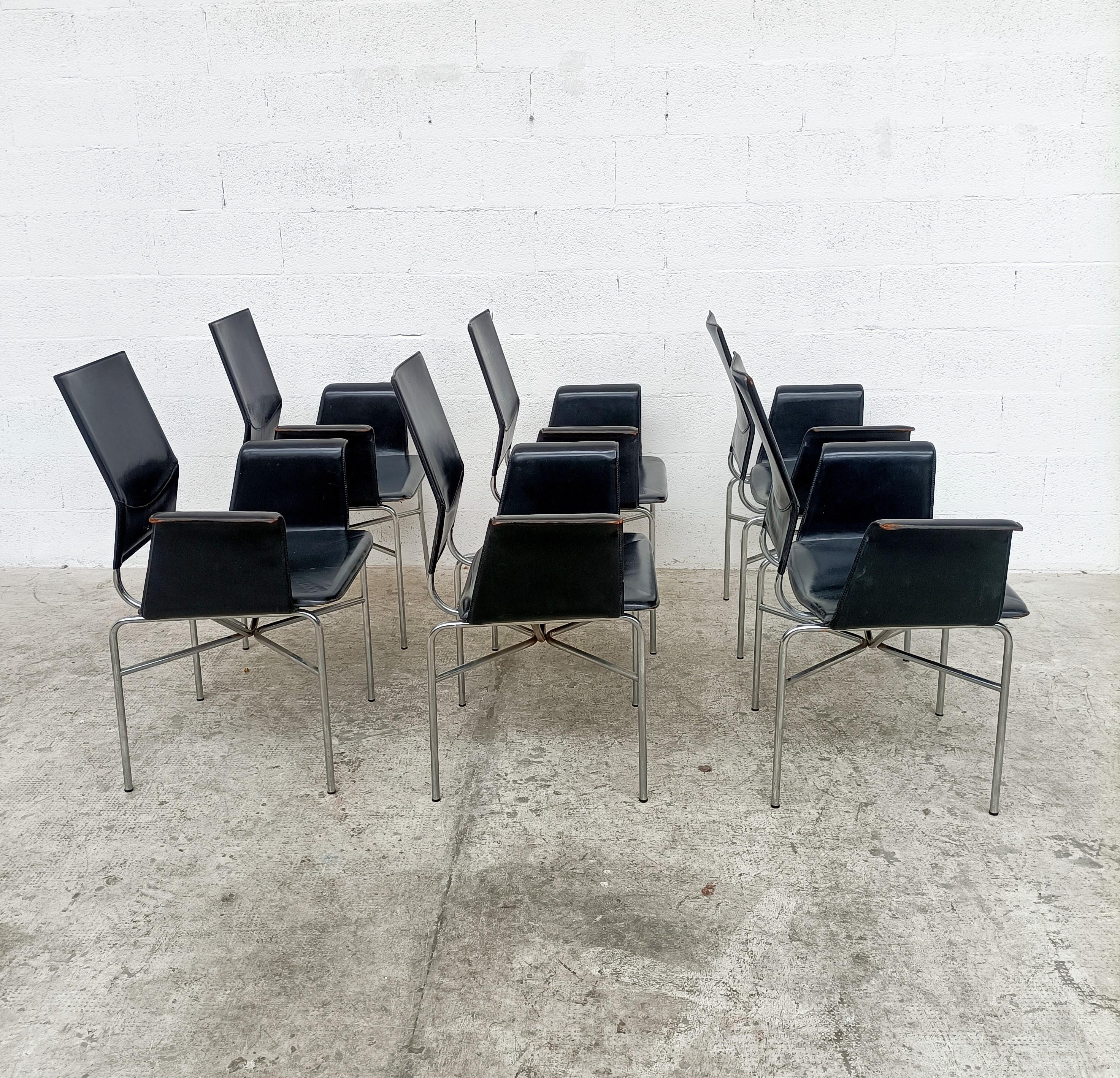 Mid-Century Modern Set of 6 Black Leather and Steel Armchairs by Ross Littell for Matteo Grassi 80s