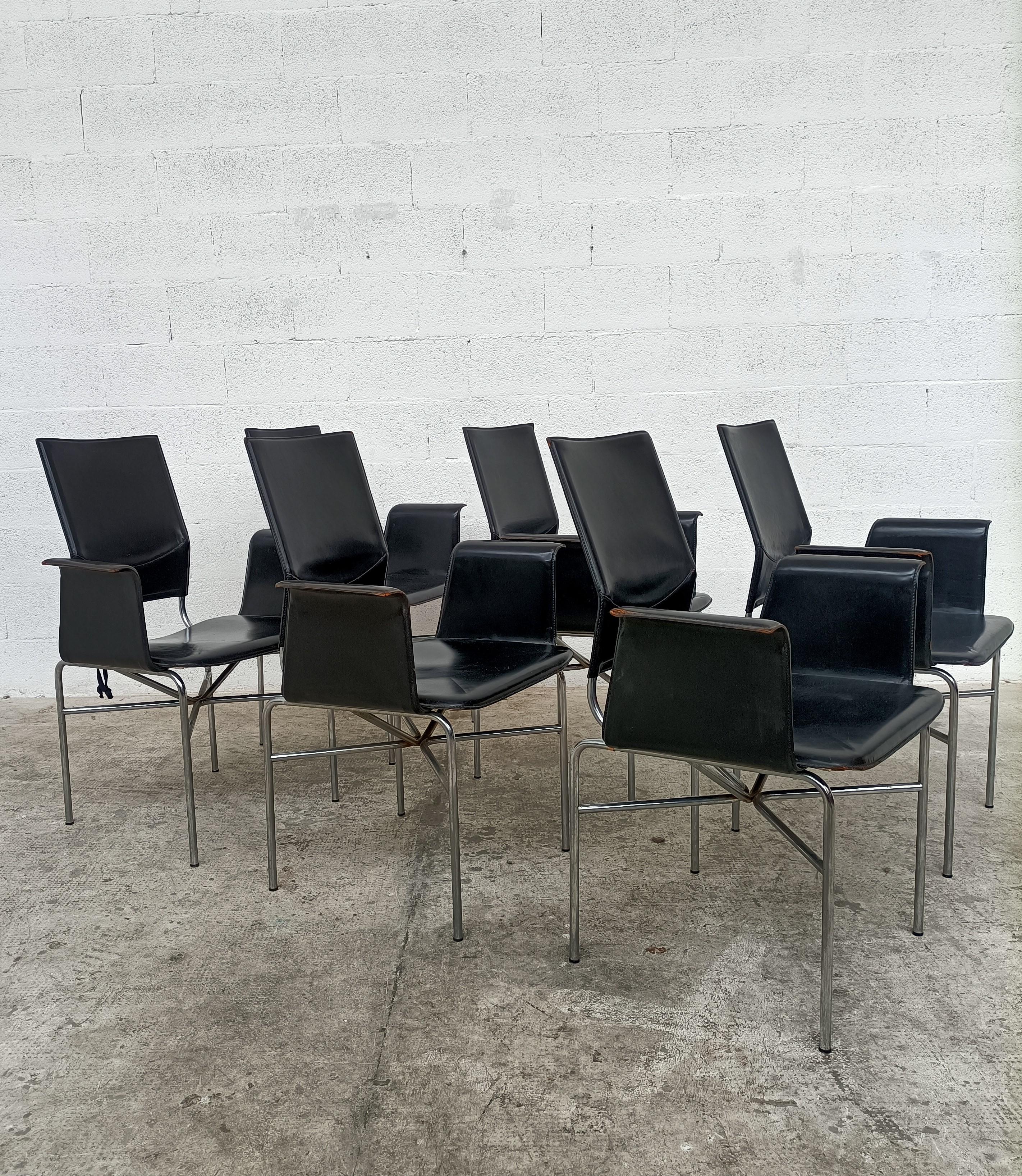 Italian Set of 6 Black Leather and Steel Armchairs by Ross Littell for Matteo Grassi 80s