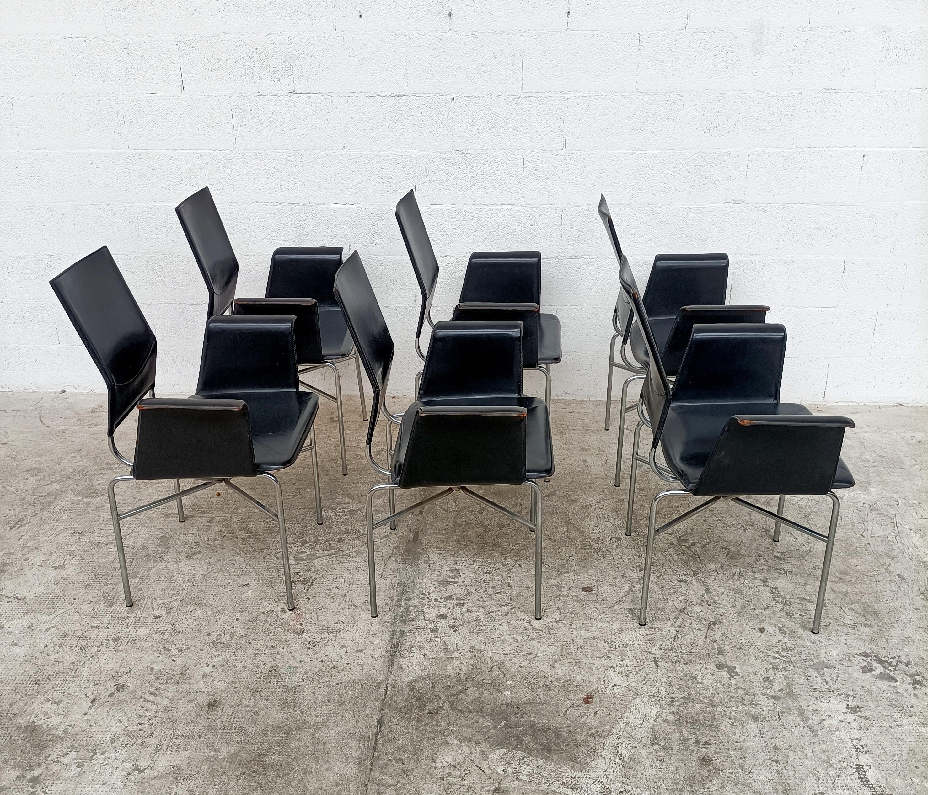 Set of 6 Black Leather and Steel Armchairs by Ross Littell for Matteo Grassi 80s In Good Condition In Padova, IT