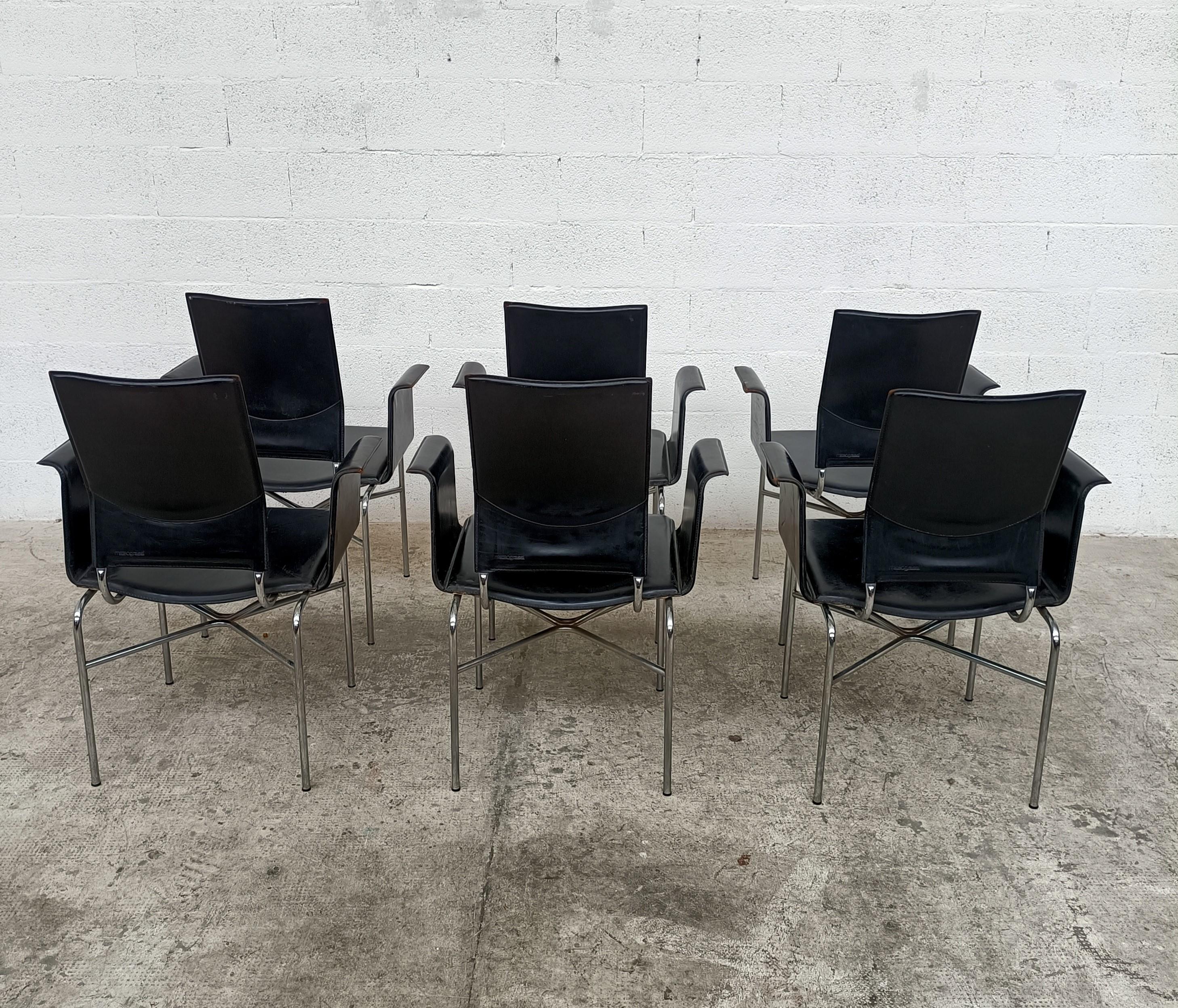 Late 20th Century Set of 6 Black Leather and Steel Armchairs by Ross Littell for Matteo Grassi 80s