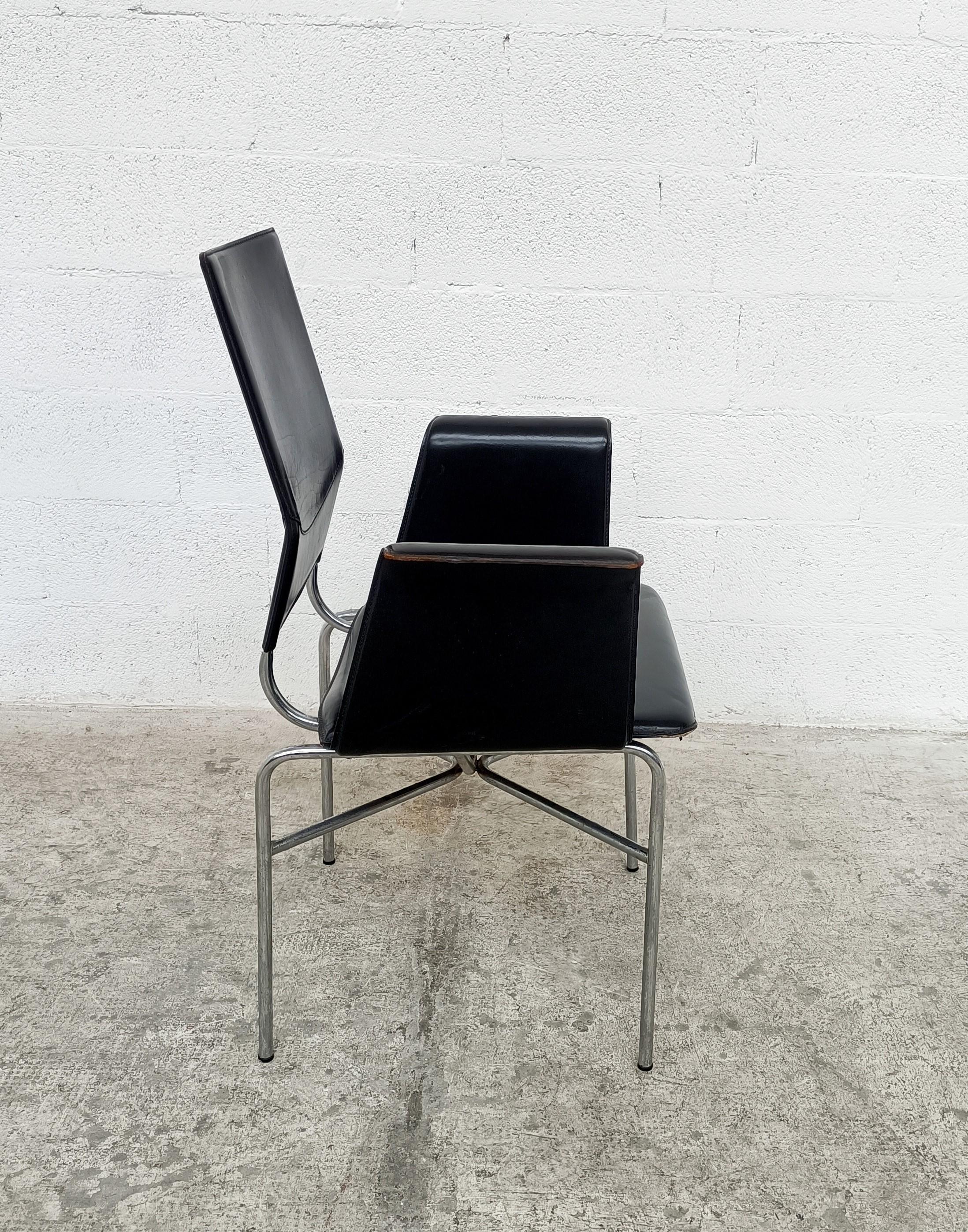 Set of 6 Black Leather and Steel Armchairs by Ross Littell for Matteo Grassi 80s 1