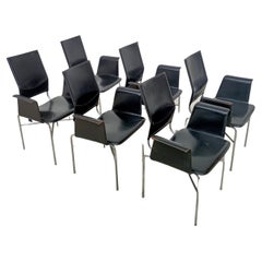 Set of 6 Black Leather and Steel Armchairs by Ross Littell for Matteo Grassi 80s