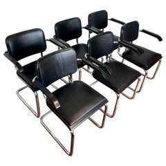 Juego de 6 sillones de cuero negro de Marcel Breuer para Thonet modelo S64
