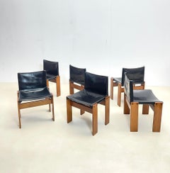 Set of 6 Black Leather Chairs Model "Monk" by Afra and Tobia Scarpa for Molteni