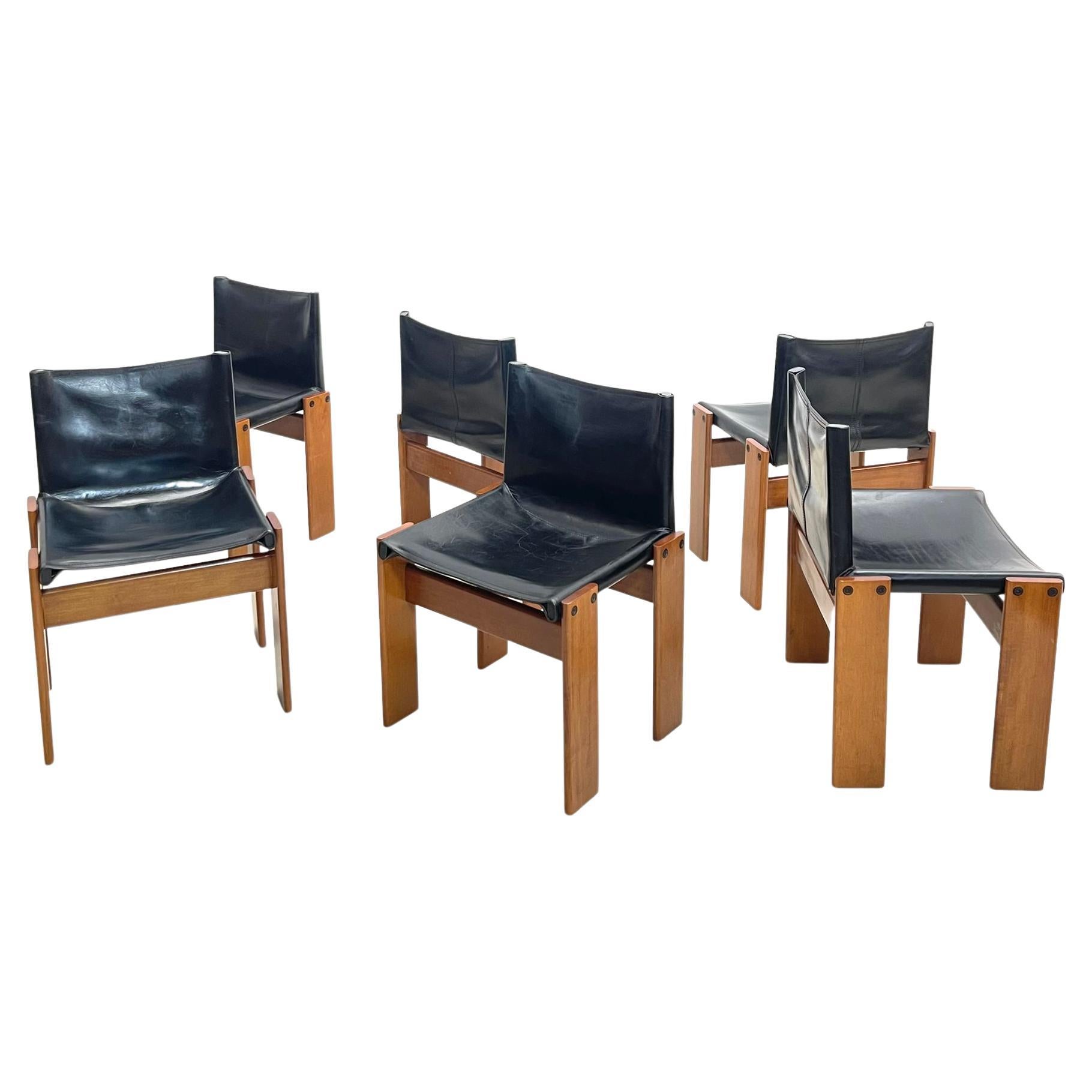 Set of 6 Black Leather Chairs Model "Monk" by Afra and Tobia Scarpa for Molteni
