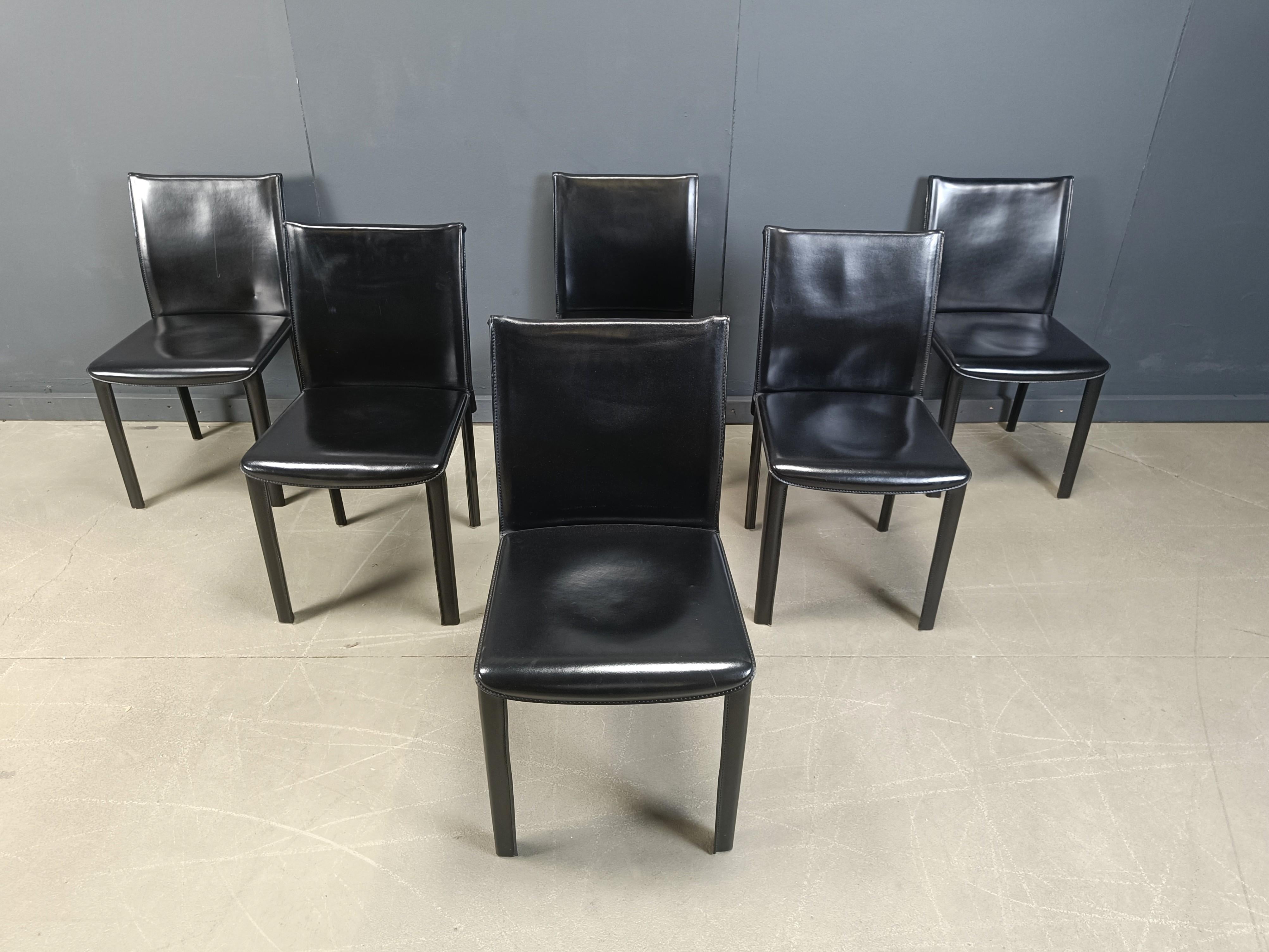 Set of 6 black leather dining chairs by Arper Italy, 1980s For Sale 4