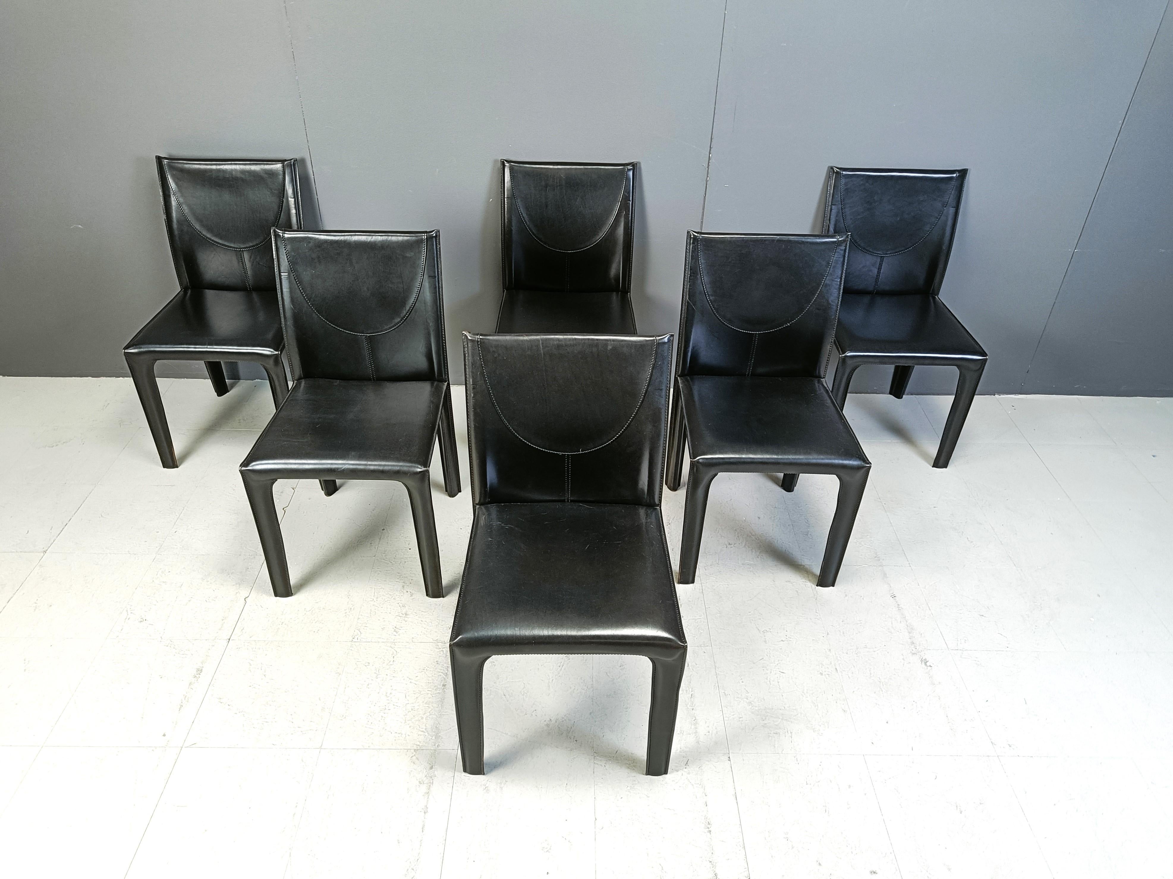 Modern Set of 6 black leather dining chairs by Arper Italy, 1980s