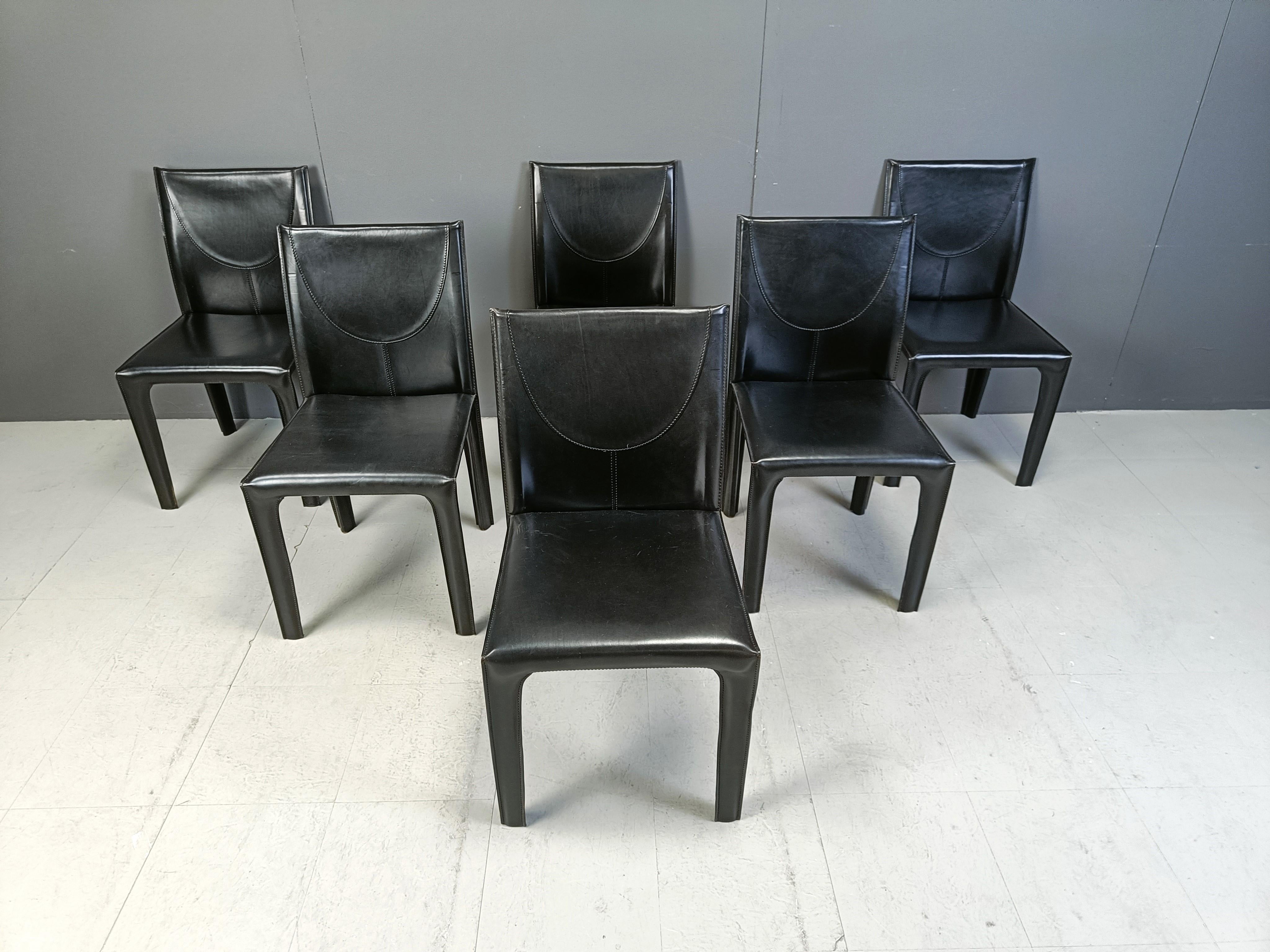Italian Set of 6 black leather dining chairs by Arper Italy, 1980s