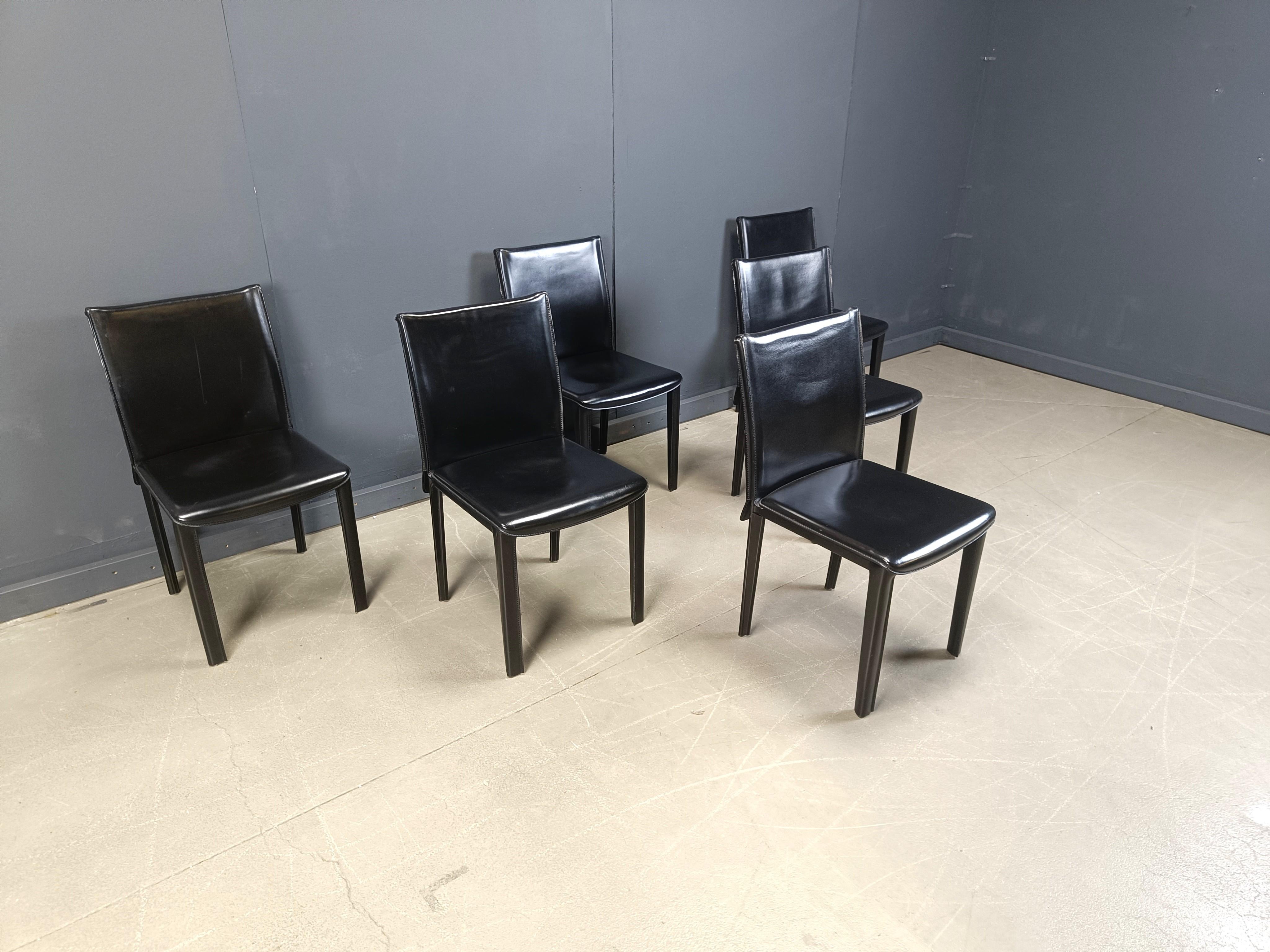 Late 20th Century Set of 6 black leather dining chairs by Arper Italy, 1980s For Sale