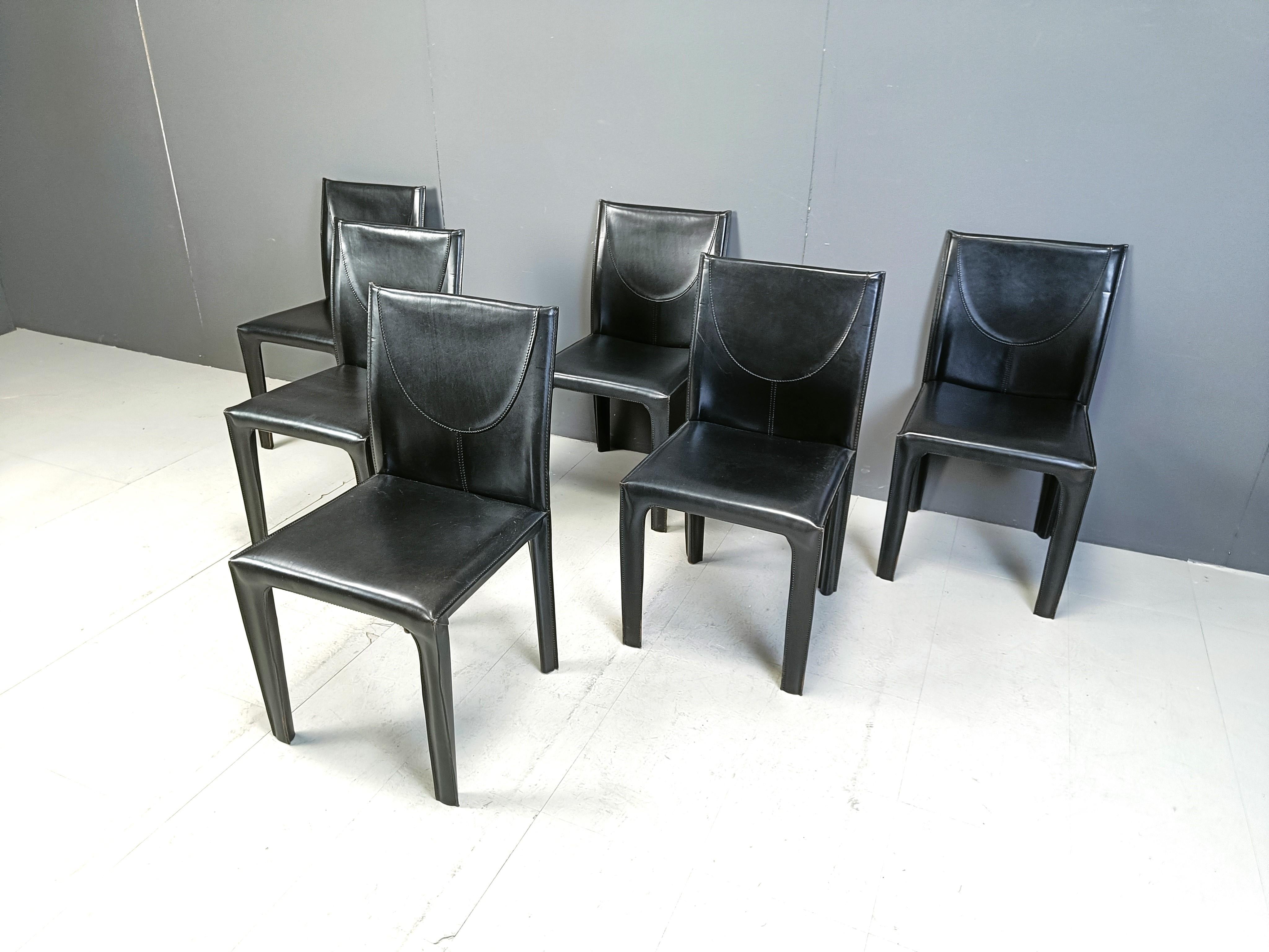 Set of 6 black leather dining chairs by Arper Italy, 1980s 1
