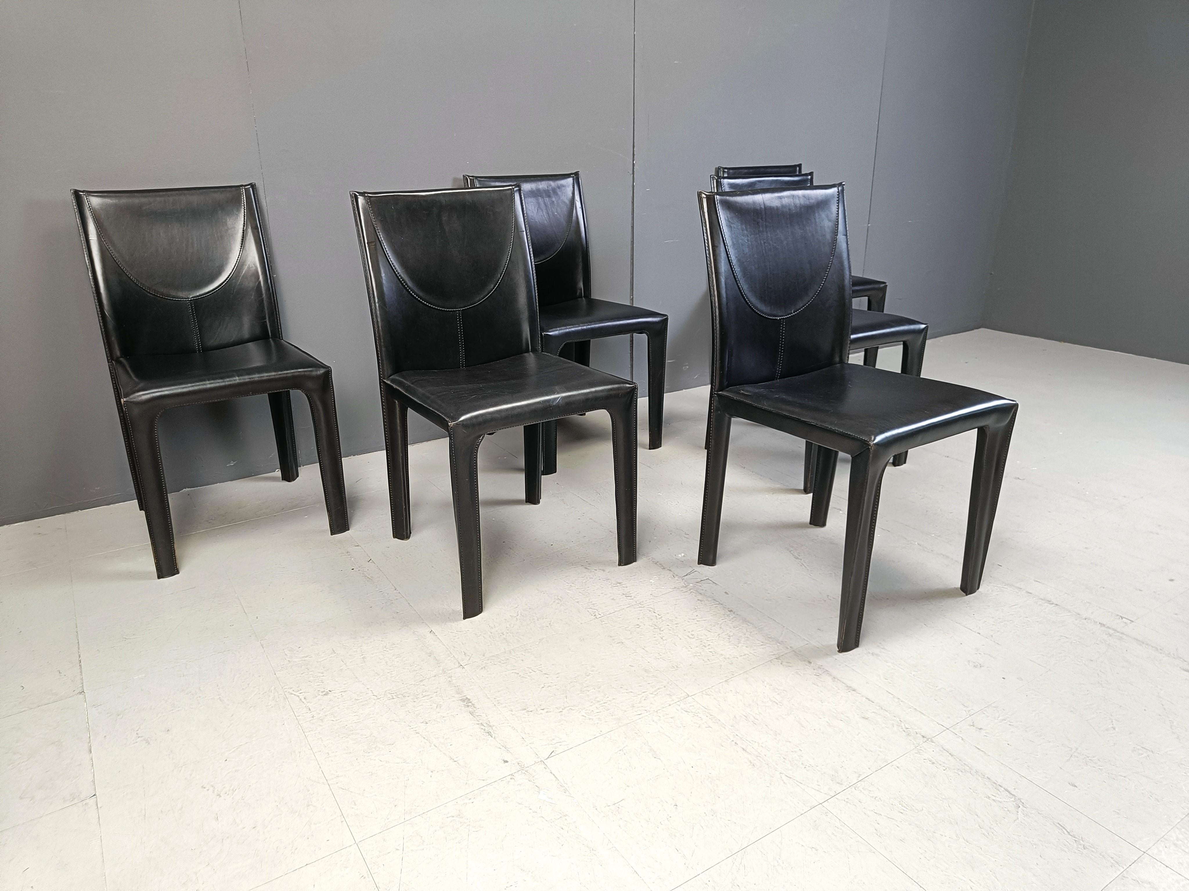 Set of 6 black leather dining chairs by Arper Italy, 1980s 2