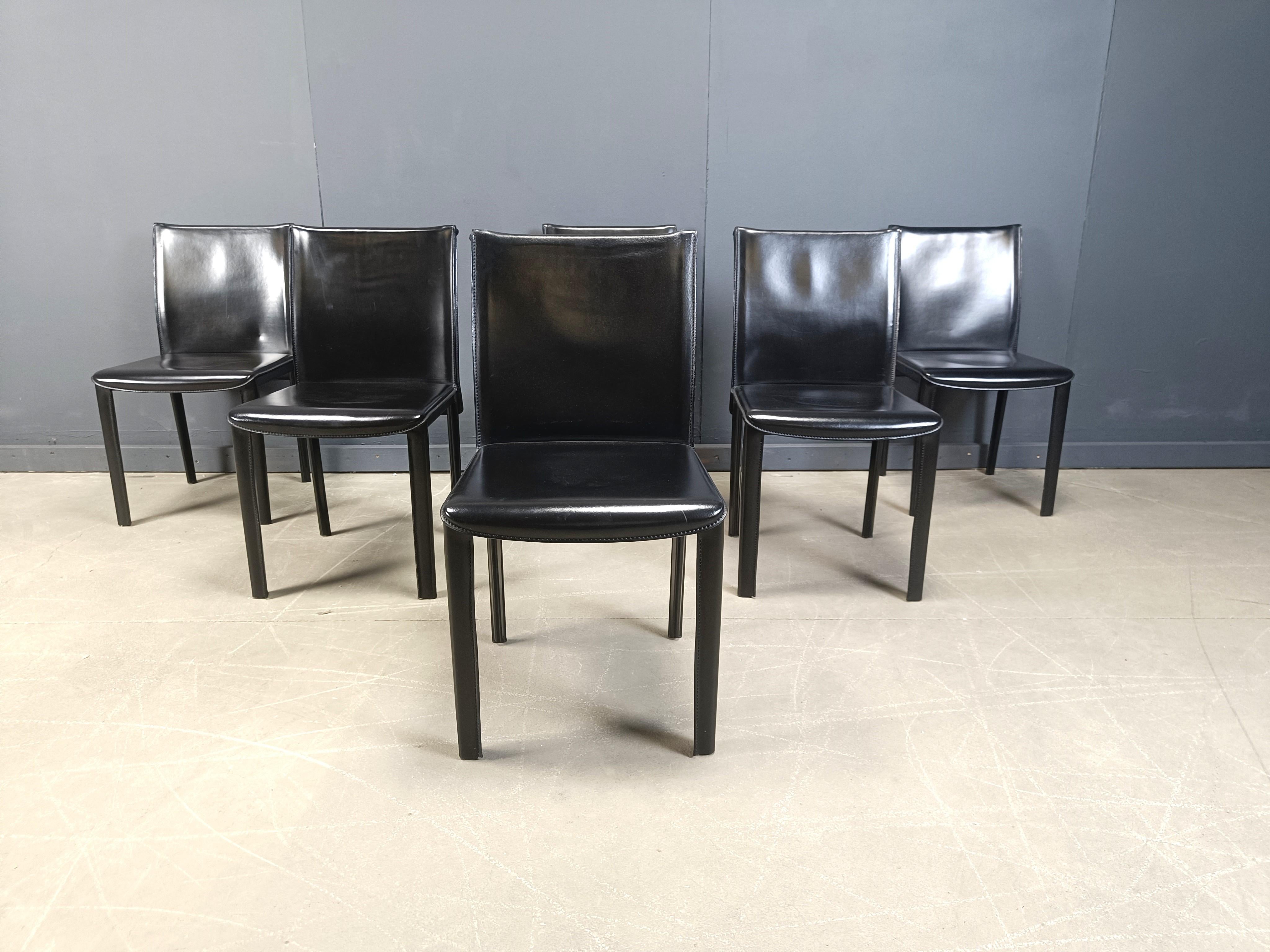 Set of 6 black leather dining chairs by Arper Italy, 1980s For Sale 2
