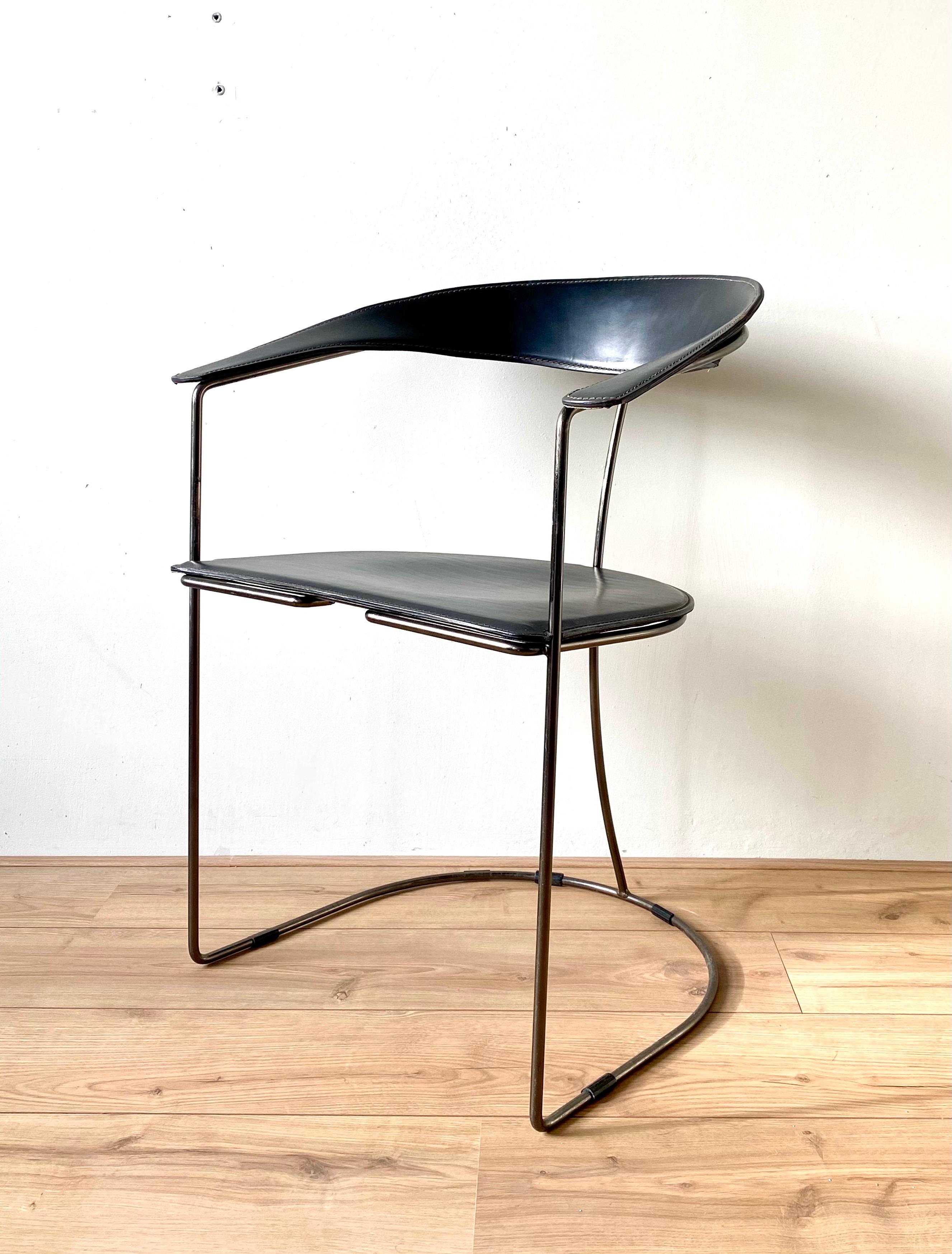 Metal Set of 6 Black Leather Italian Dining Room Chairs, by Arrben, 1980s FINAL SALE
