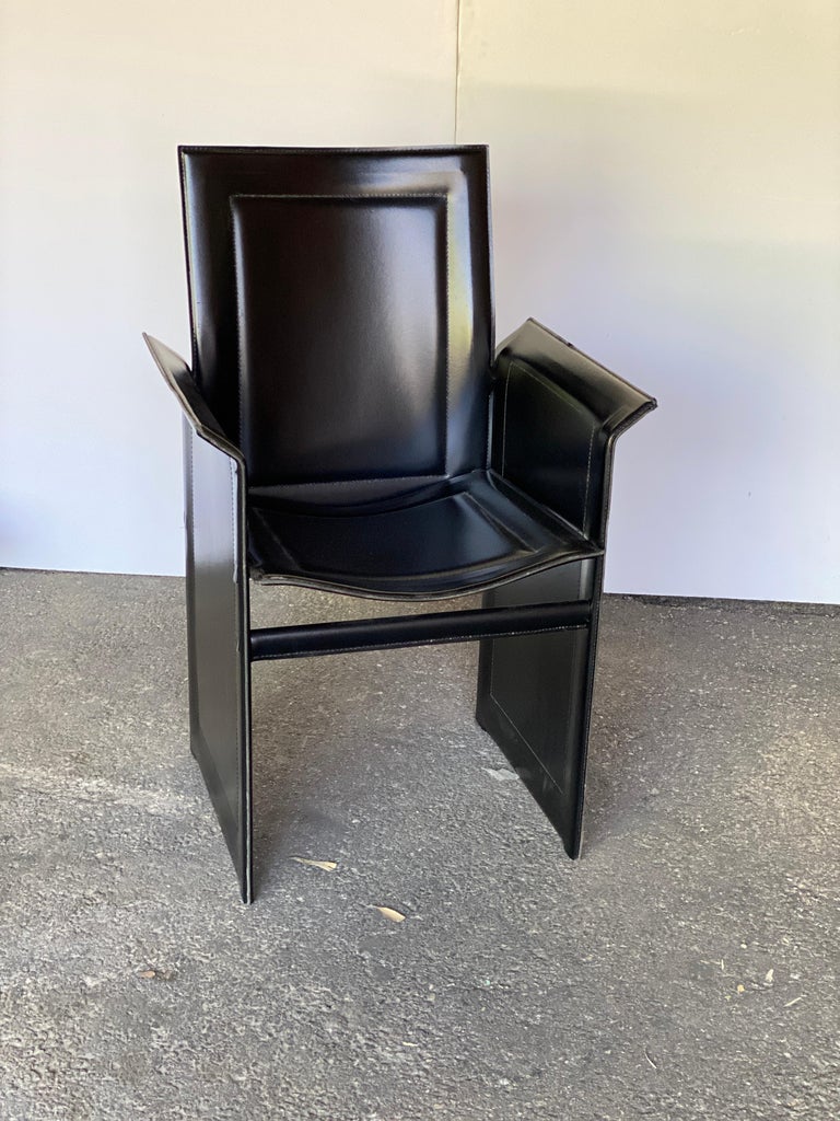Italian Set of 6 Black Leather Korium Dining Chairs, Tito Agnoli for Matteo Grassi For Sale