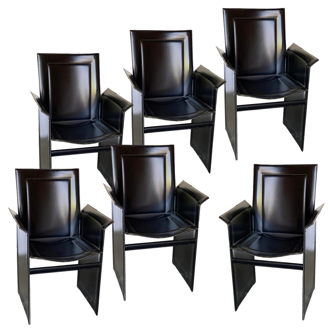 Set of 6 Black Leather Korium Dining Chairs, Tito Agnoli for Matteo Grassi