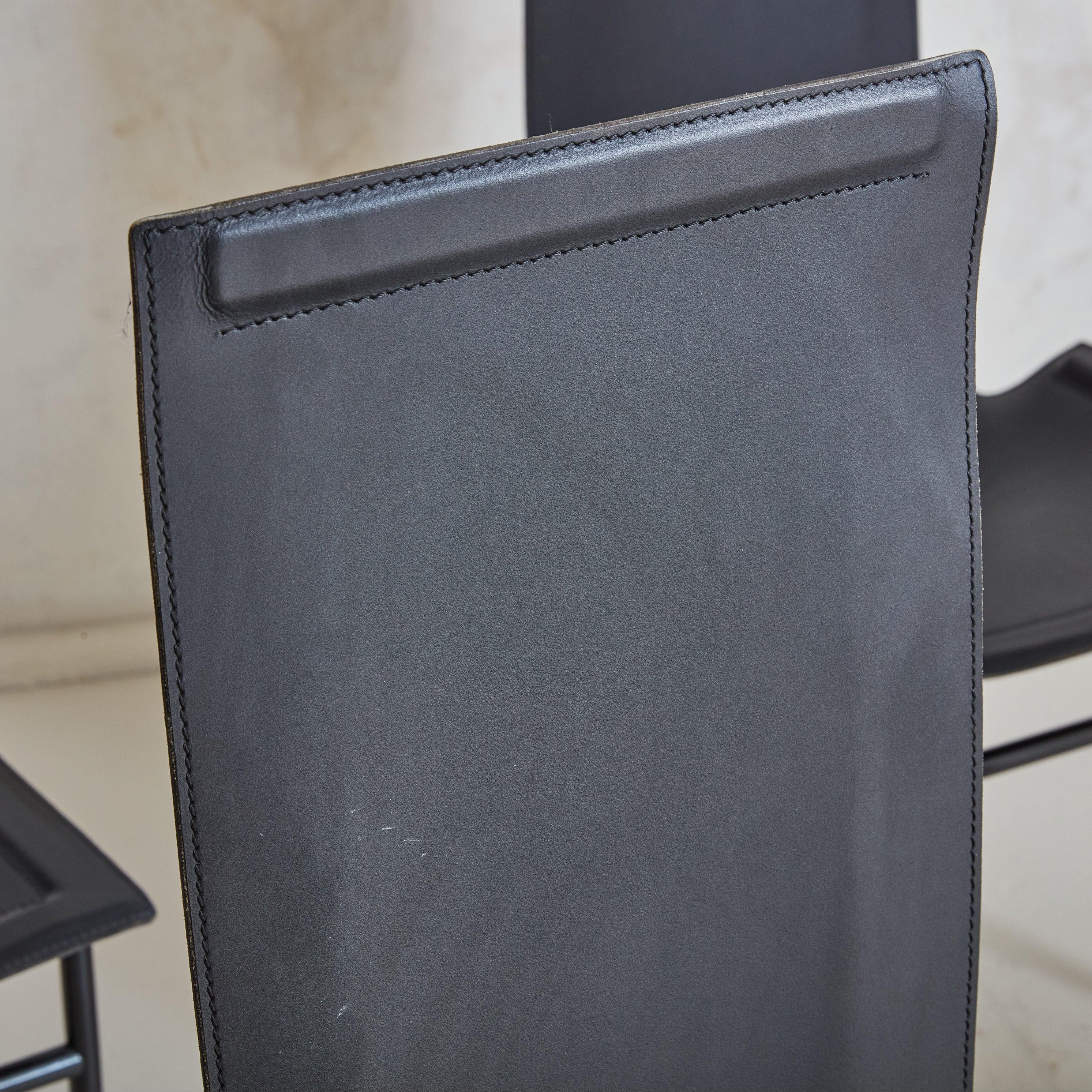 Set of 6 Black Leather Sling Dining Chairs, Italy 1980s For Sale 4