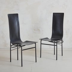 Set of 6 Black Leather Sling Dining Chairs, Italy 1980s