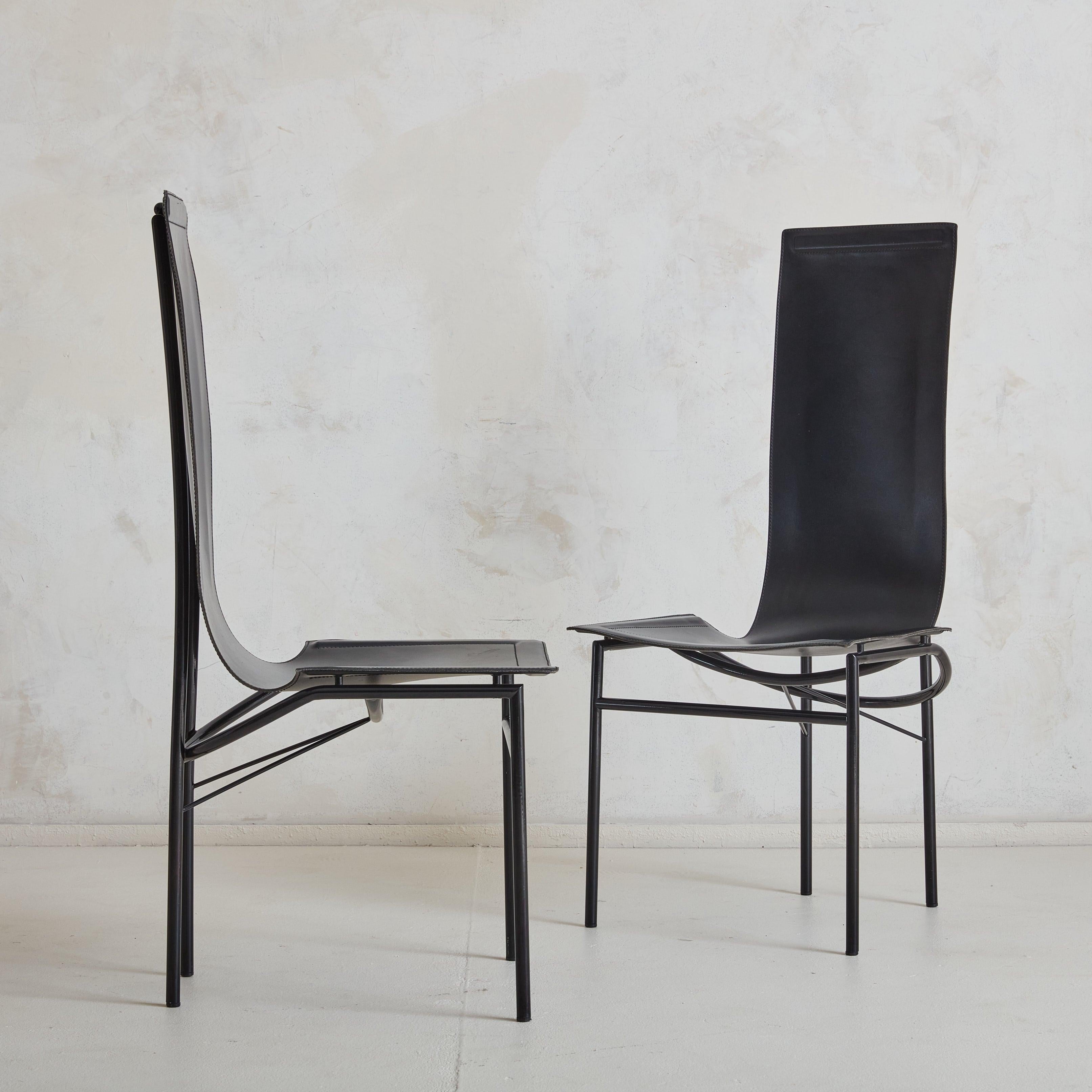Modern Set of 6 Black Leather Sling Dining Chairs, Italy 1980s For Sale