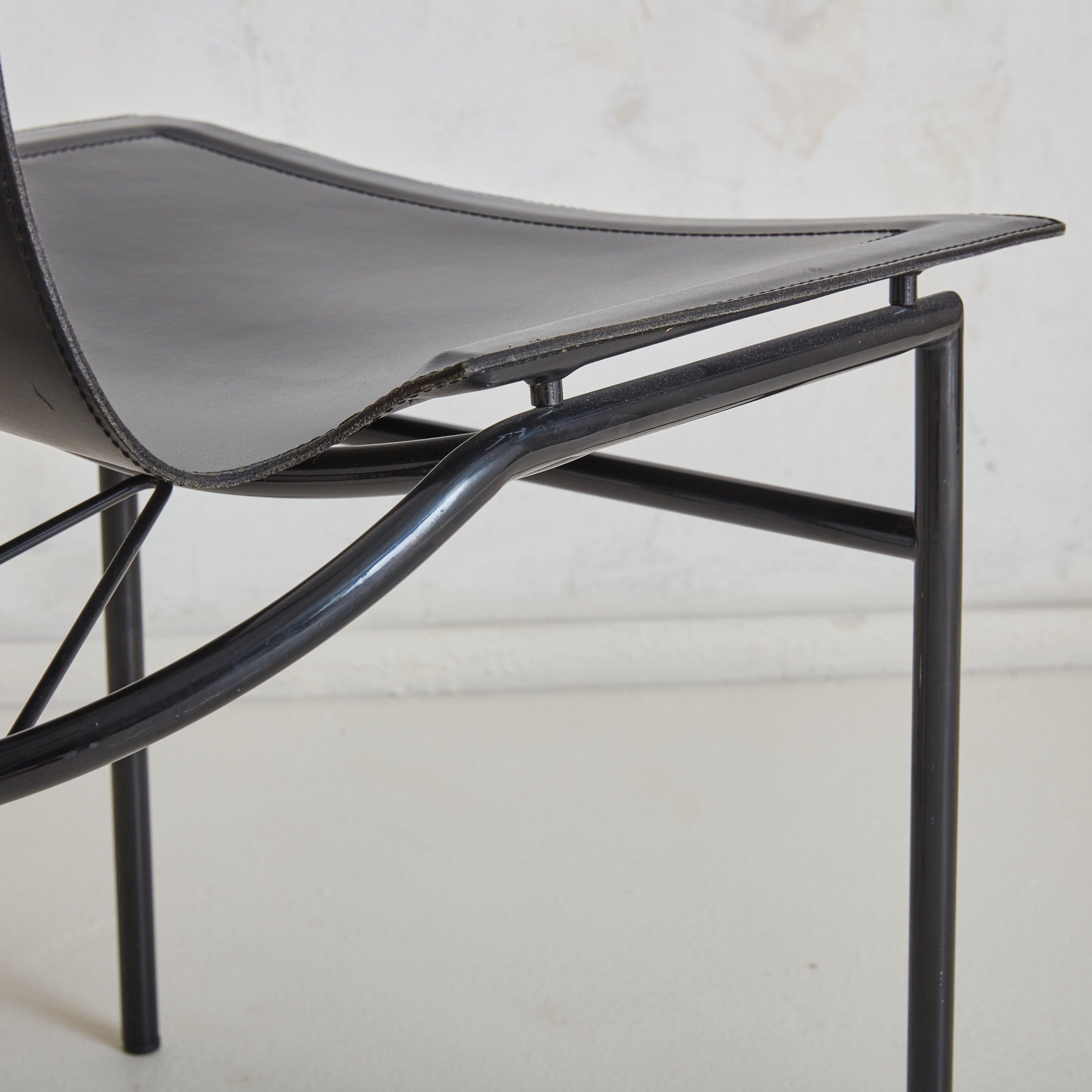 Metal Set of 6 Black Leather Sling Dining Chairs, Italy 1980s For Sale