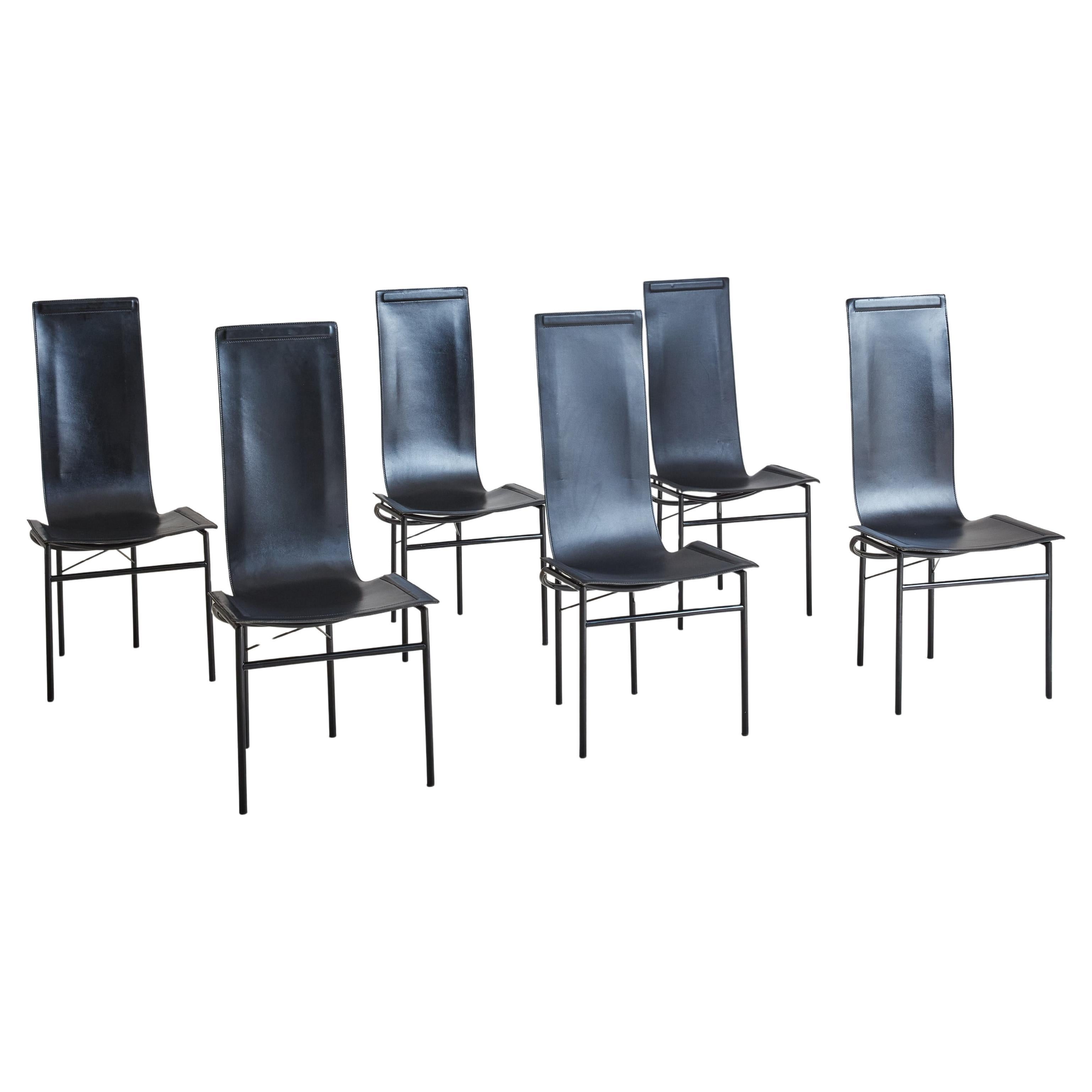 Set of 6 Black Leather Sling Dining Chairs, Italy 1980s