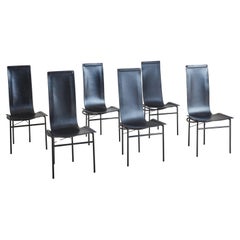 Set of 6 Black Leather Sling Dining Chairs, Italy 1980s