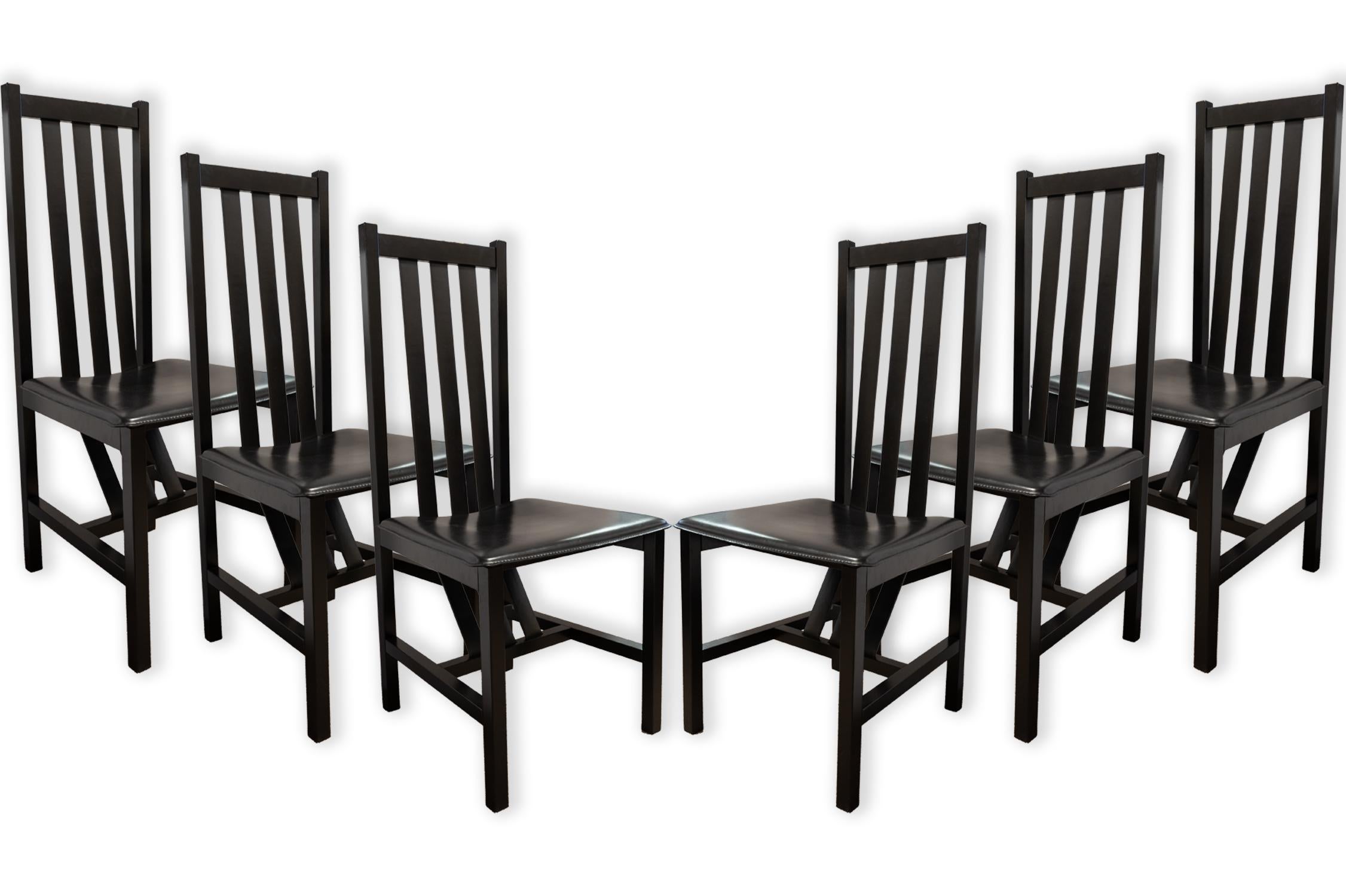 Set of 6 Black Wood and Leather Strap Contemporary Dining Chairs Made in Italy For Sale 4