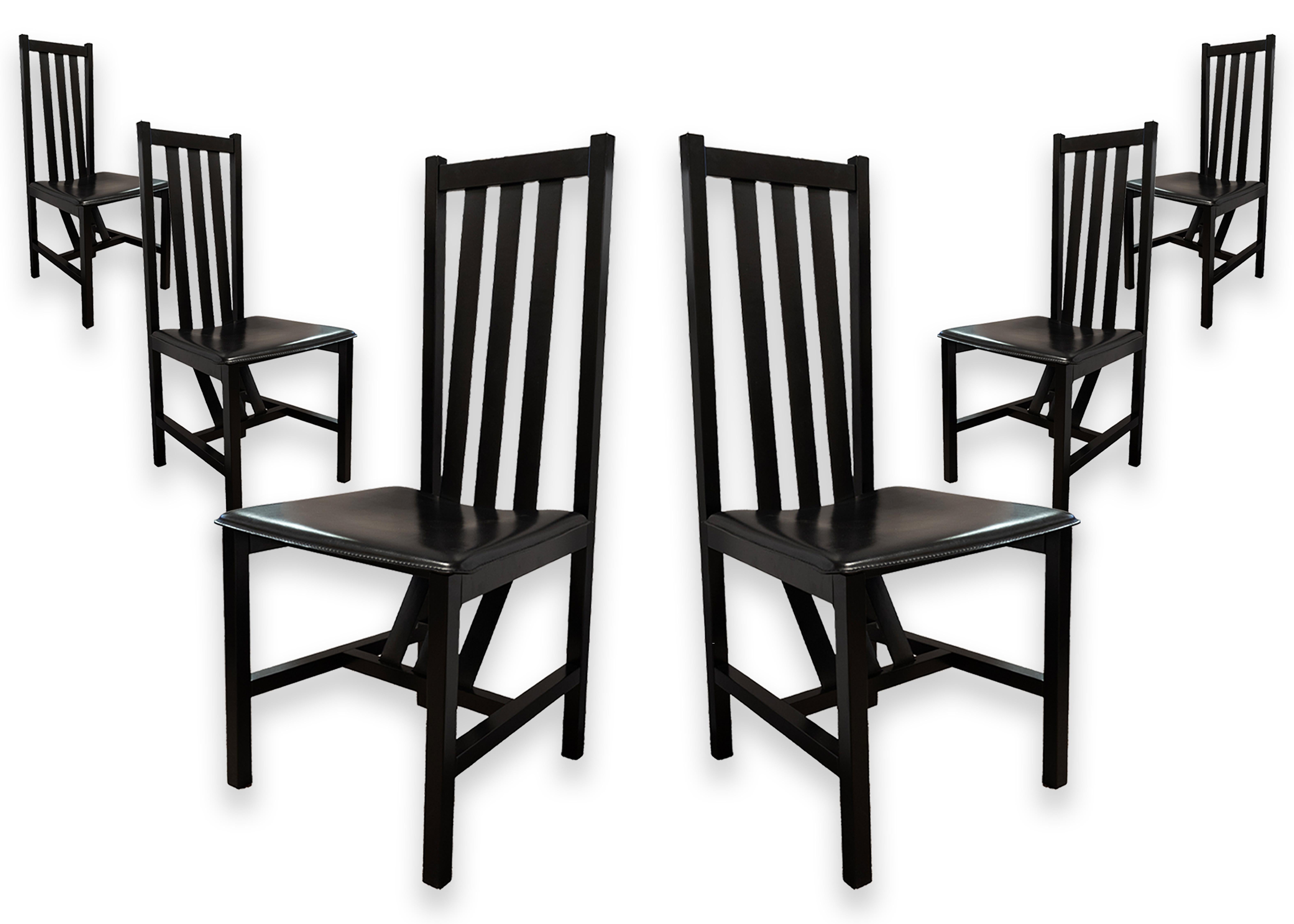 Set of 6 Black Wood and Leather Strap Contemporary Dining Chairs Made in Italy For Sale 5