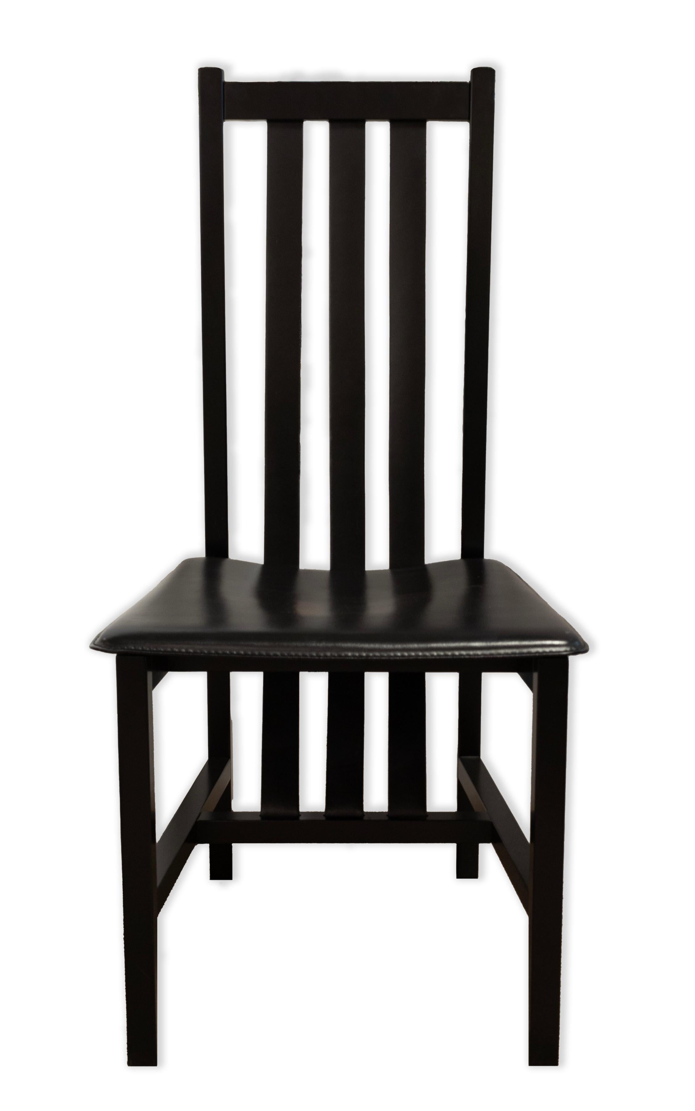 Italian Set of 6 Black Wood and Leather Strap Contemporary Dining Chairs Made in Italy For Sale